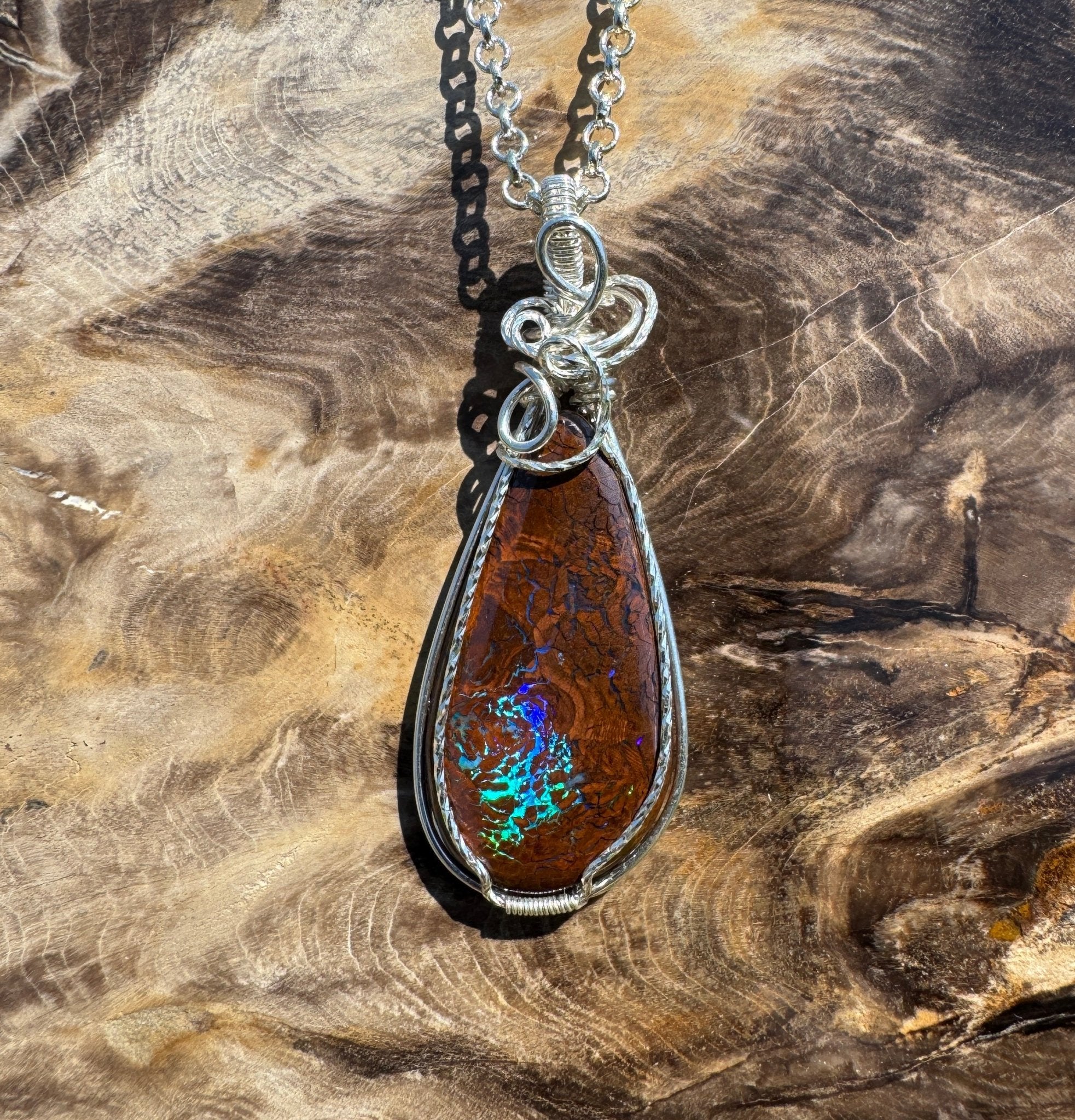 Tasman Flicker ~ 28ct Solid Queensland Boulder Opal 925 Sterling Silver Wire Wrap Pendant