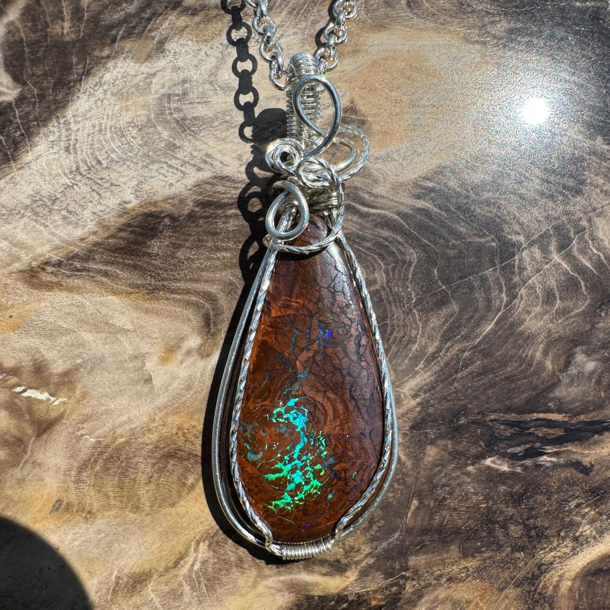 Tasman Flicker ~ 28ct Solid Queensland Boulder Opal 925 Sterling Silver Wire Wrap Pendant