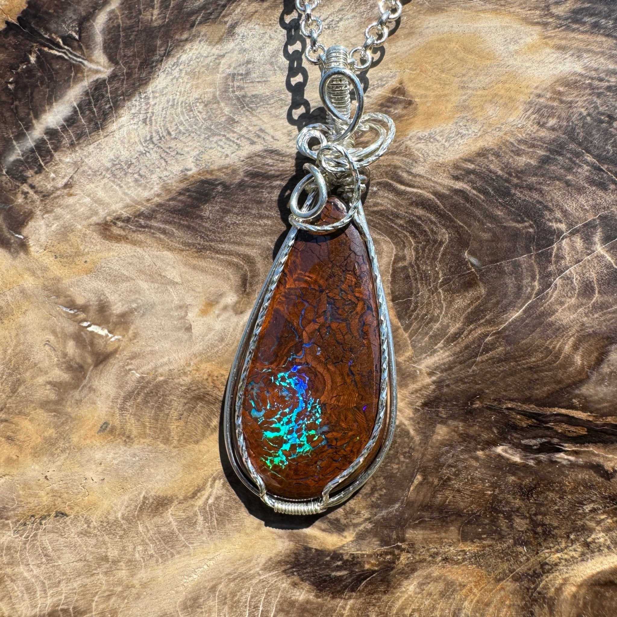 Tasman Flicker ~ 28ct Solid Queensland Boulder Opal 925 Sterling Silver Wire Wrap Pendant