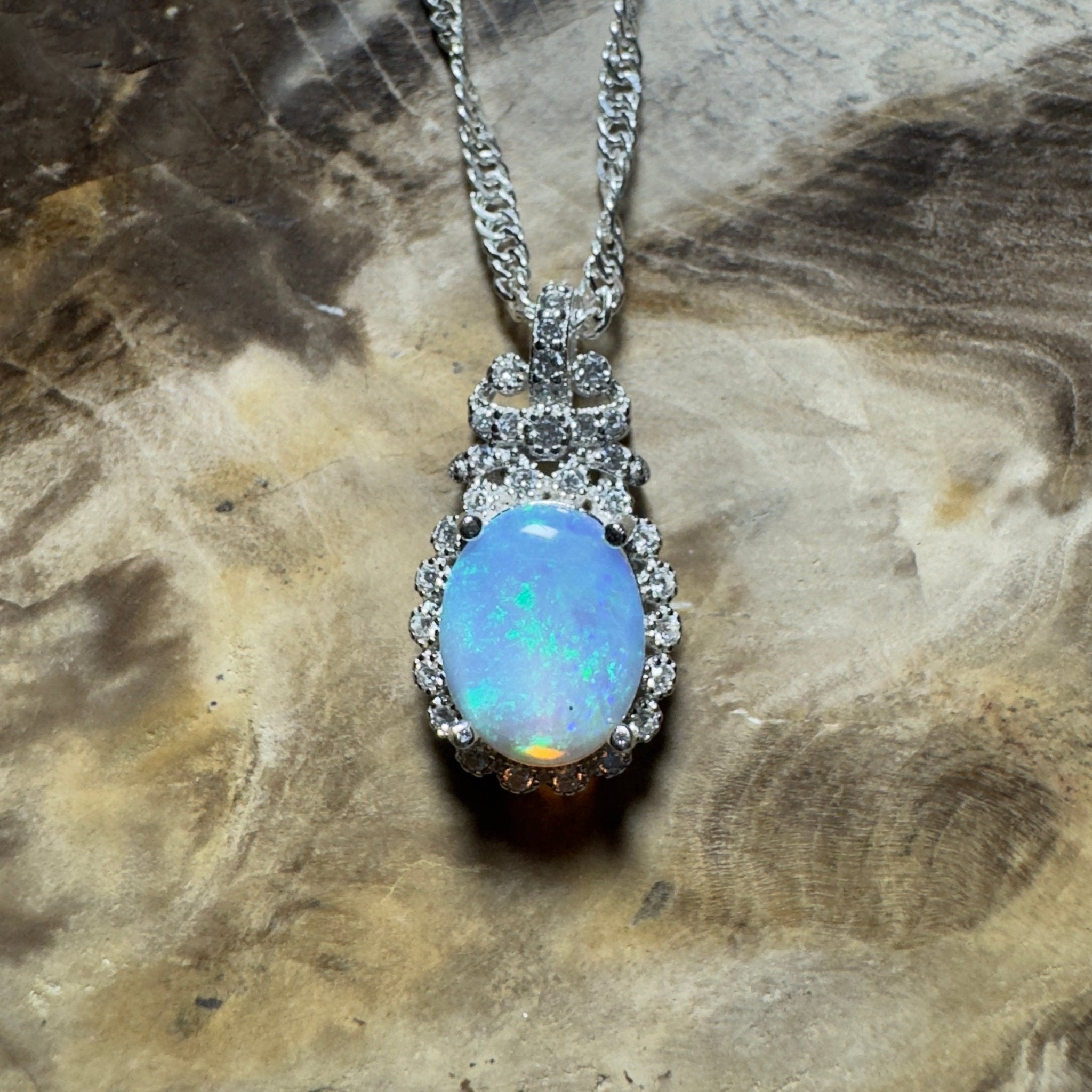 The Blue Mountains Halo ~ 1ct Lightning Ridge Opal 925 Silver Pendant