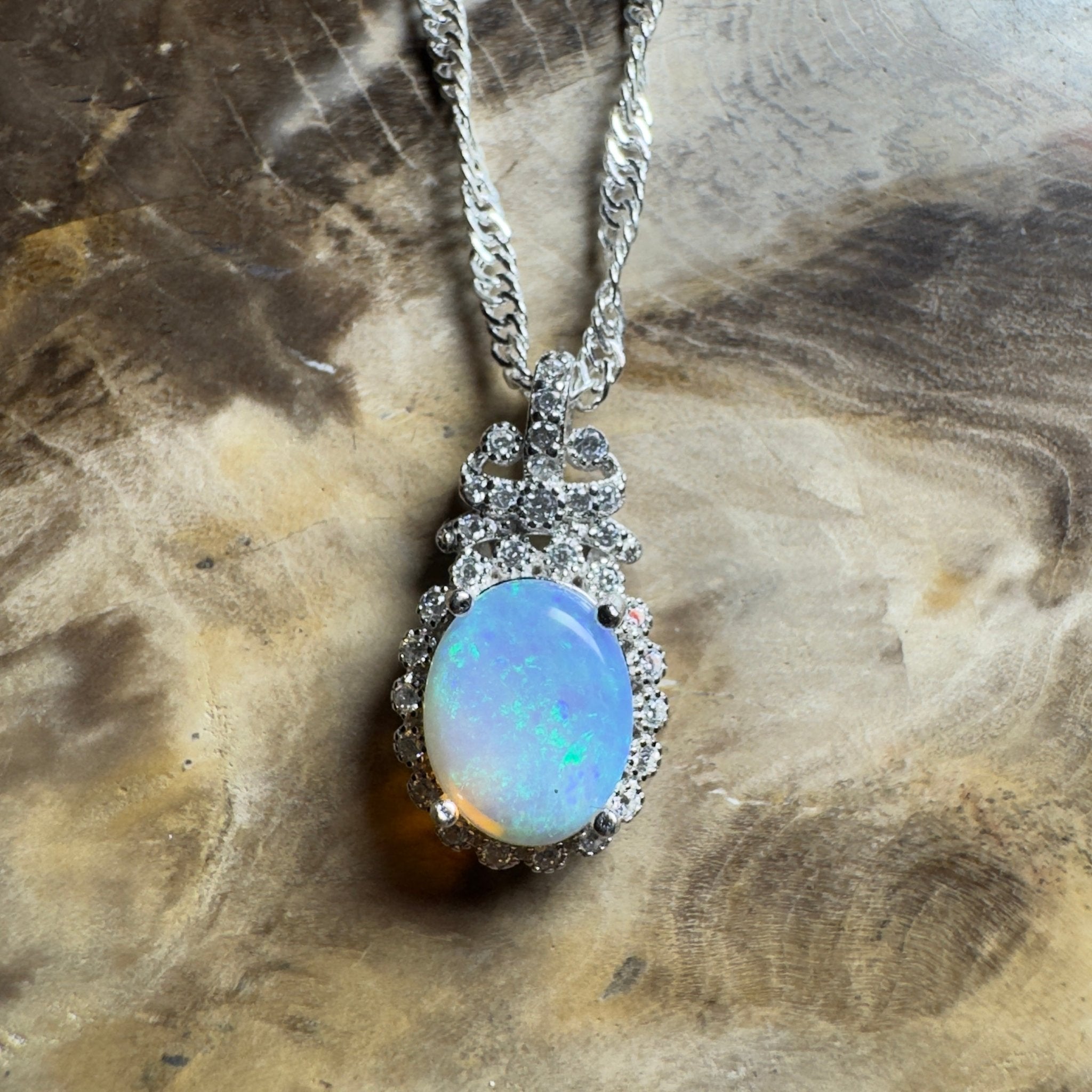 The Blue Mountains Halo ~ 1ct Lightning Ridge Opal 925 Silver Pendant