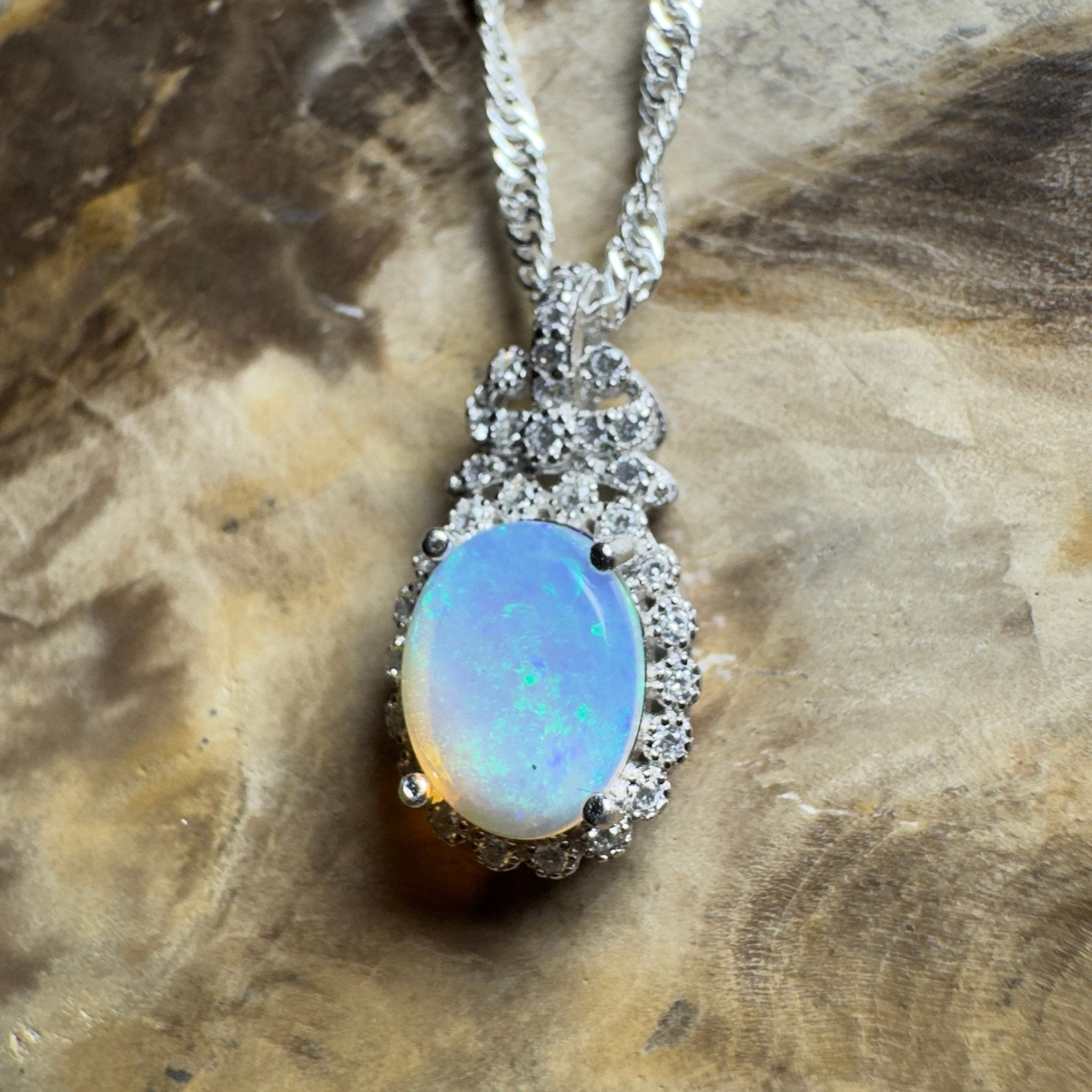 The Blue Mountains Halo ~ 1ct Lightning Ridge Opal 925 Silver Pendant