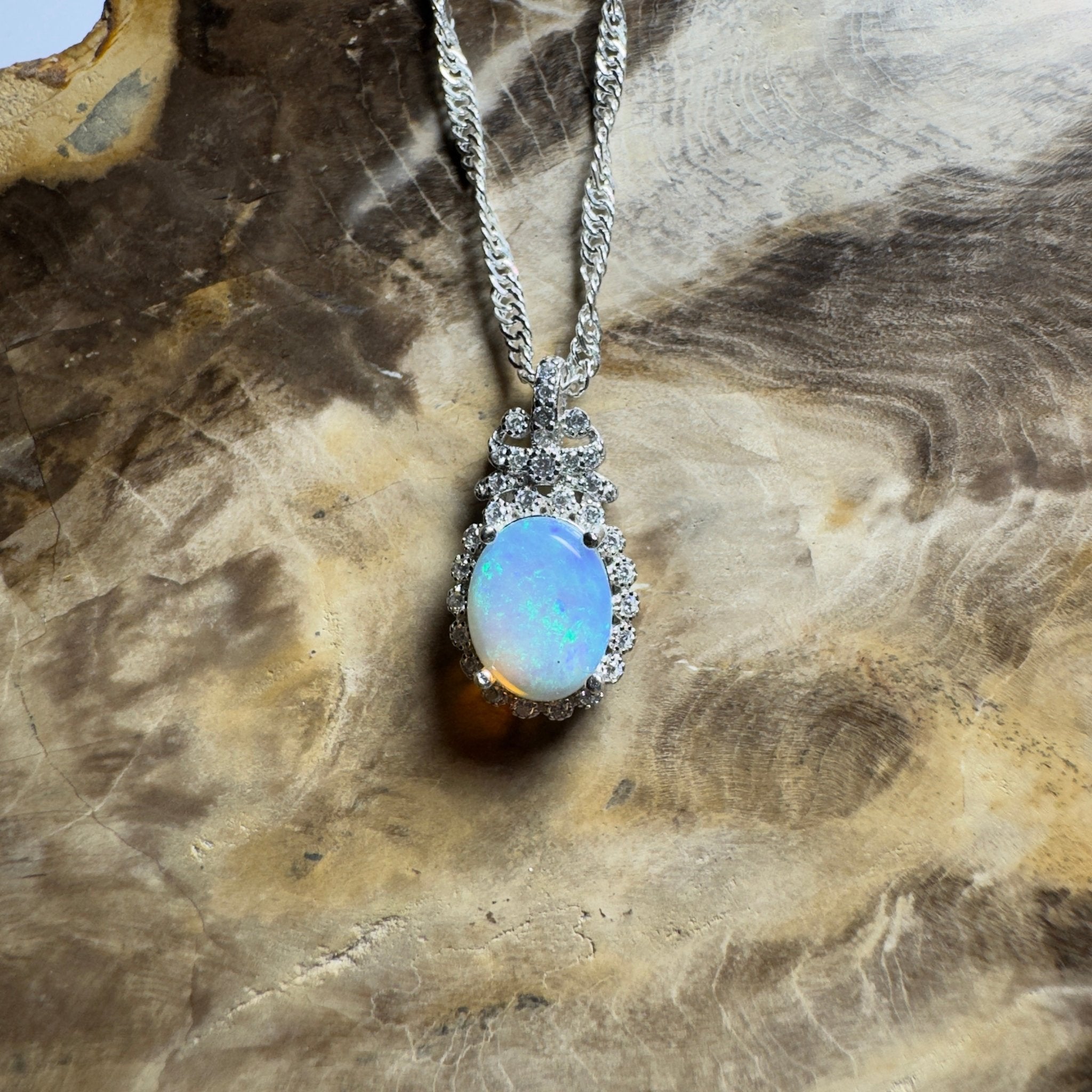 The Blue Mountains Halo ~ 1ct Lightning Ridge Opal 925 Silver Pendant