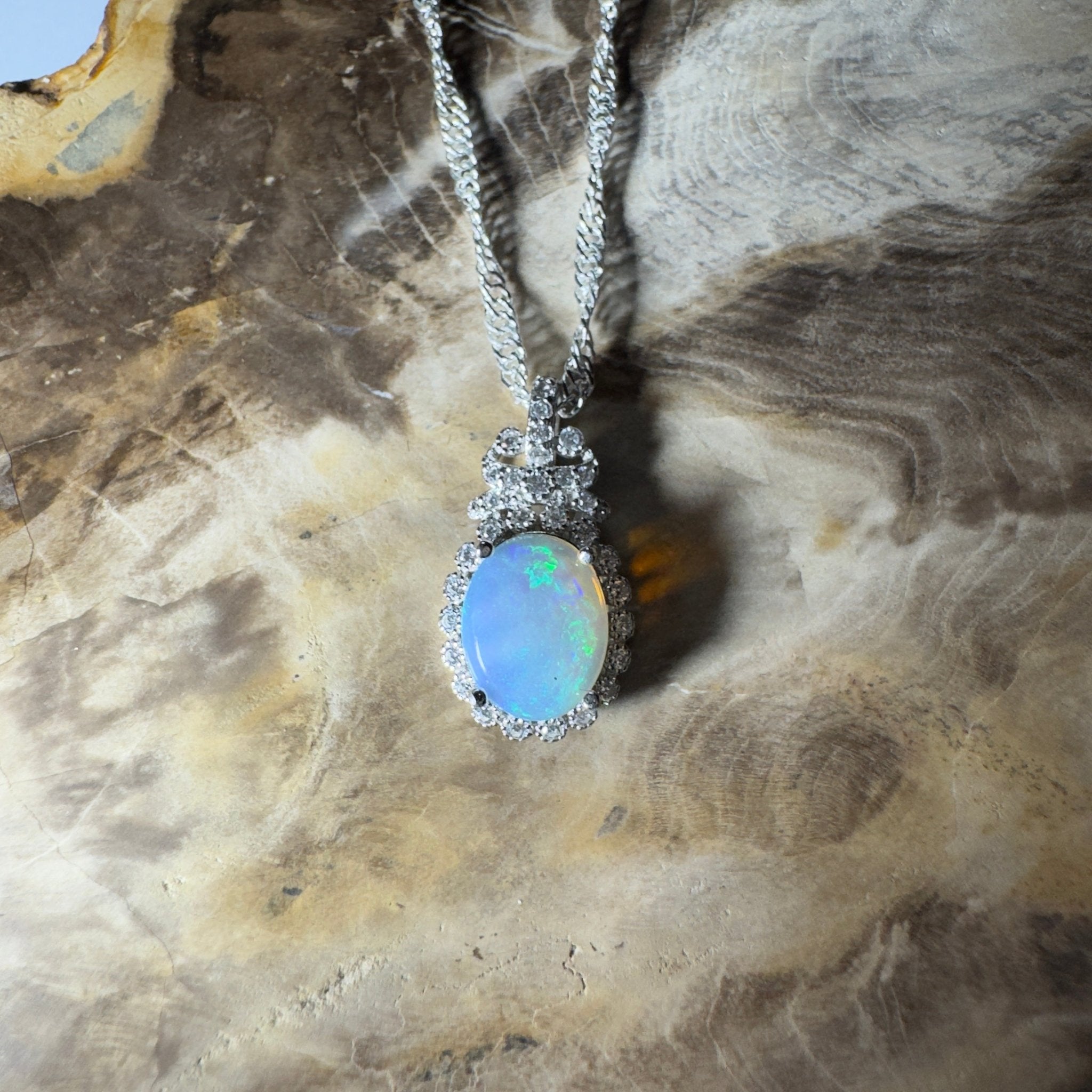 The Blue Mountains Halo ~ 1ct Lightning Ridge Opal 925 Silver Pendant