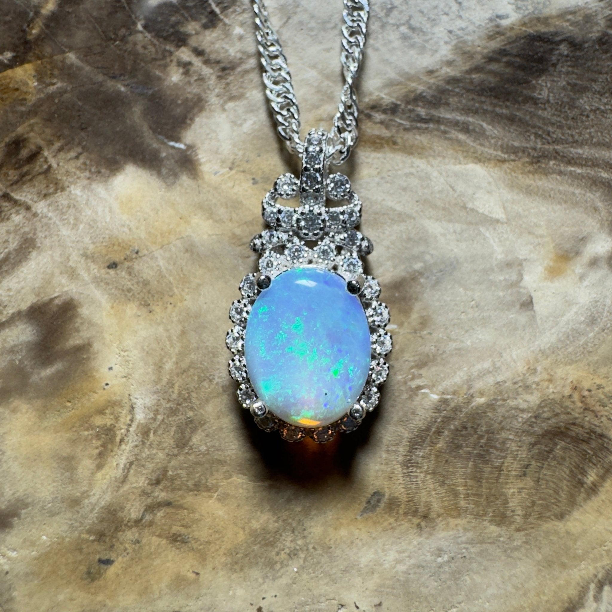 The Blue Mountains Halo ~ 1ct Lightning Ridge Opal 925 Silver Pendant