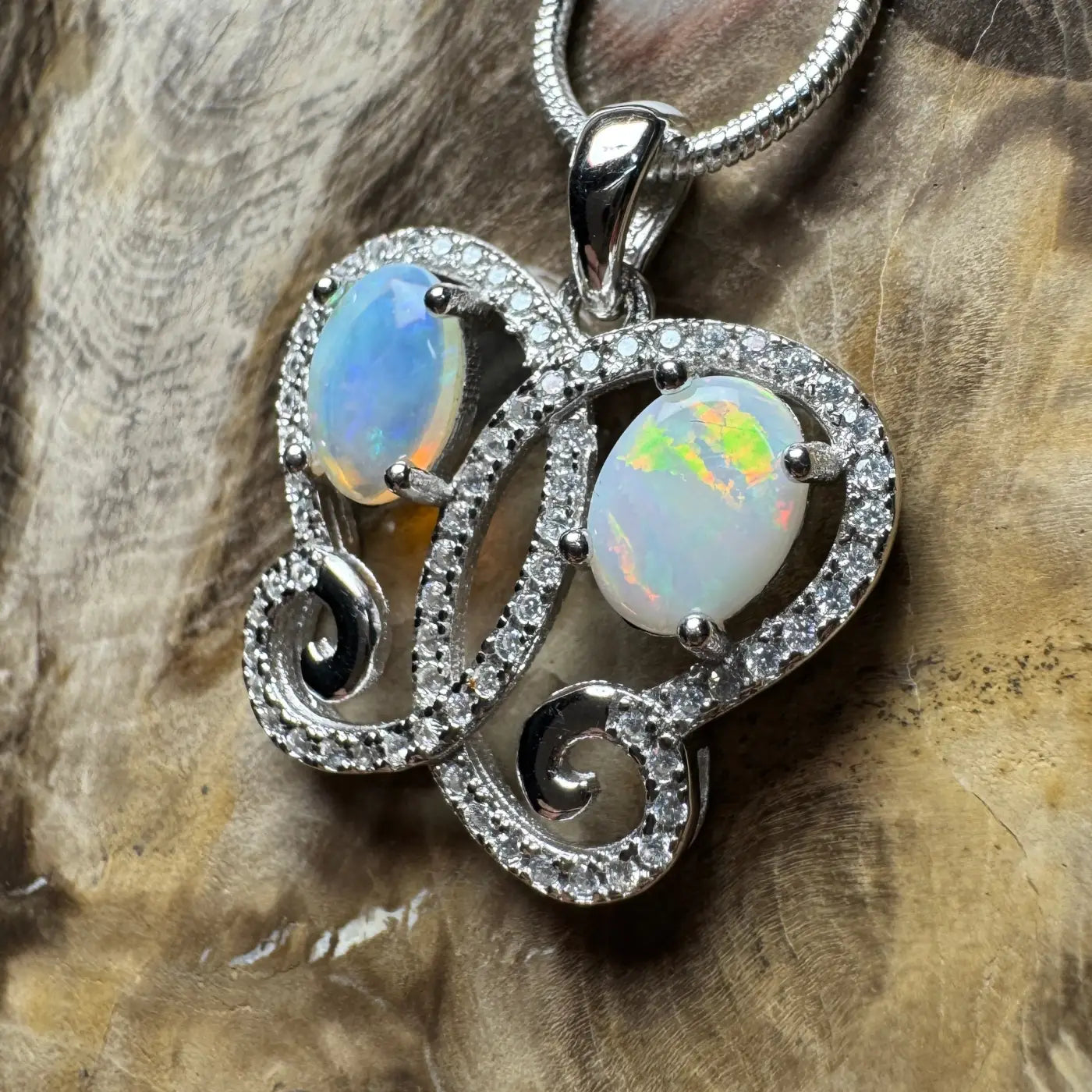 Opal and cubic zirconia pendant from The Coober Ridge Butterfly handcrafted jewelry