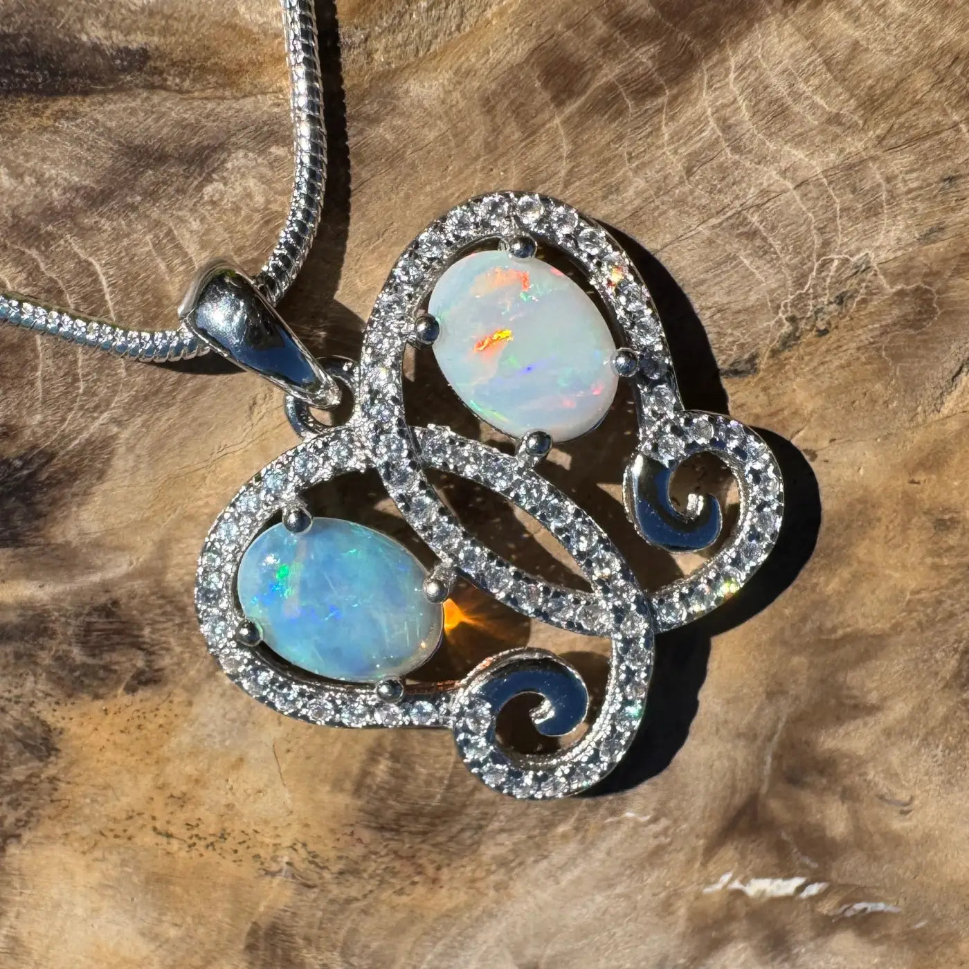 Handcrafted Sterling Silver Pendant Necklace with Coober Pedy Opal and Cubic Zirconia