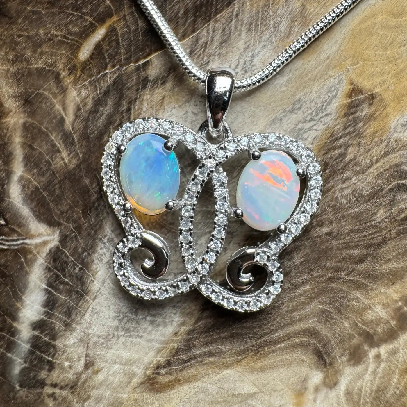 Silver opal butterfly pendant from The Coober Ridge Butterfly handcrafted necklace