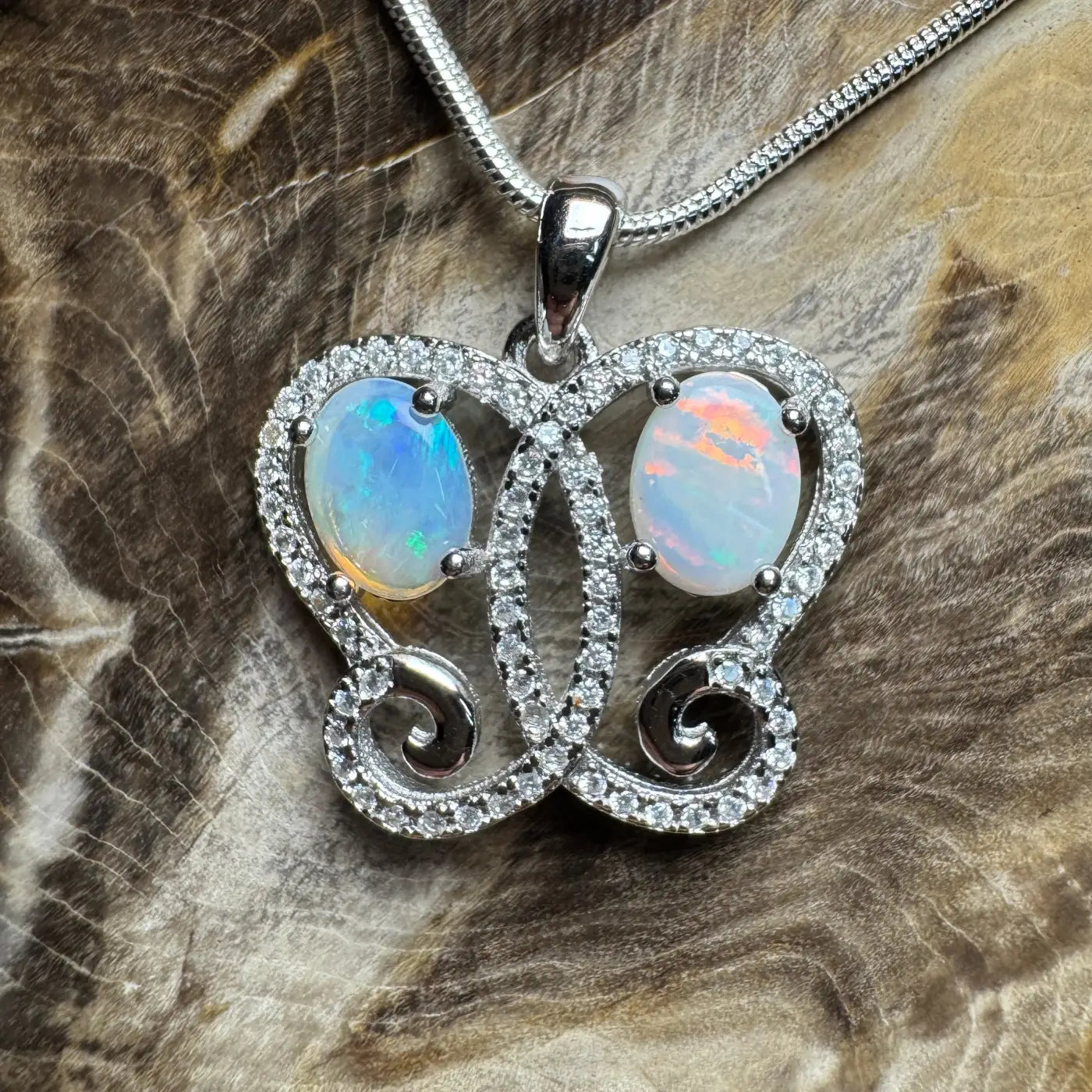 Butterfly-shaped opal and cubic zirconia pendant necklace in 925 sterling silver