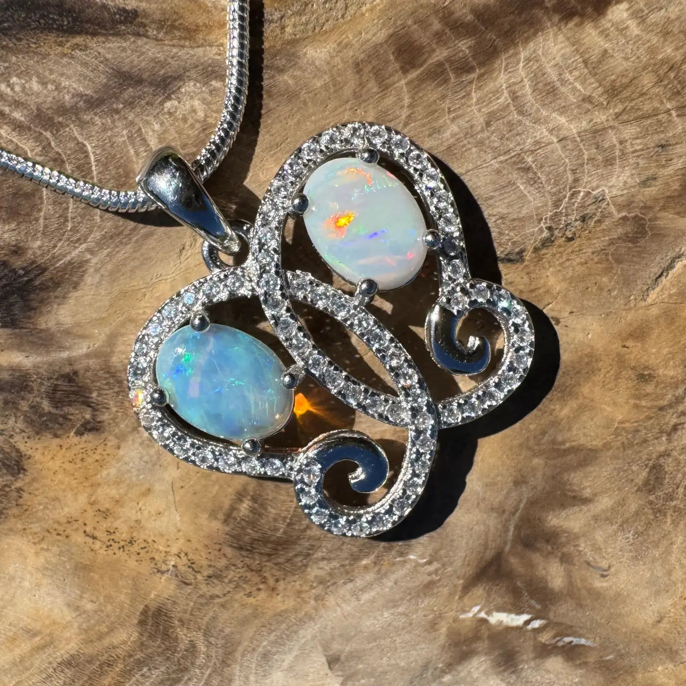 Opal and cubic zirconia pendant necklace featuring solid Coober Pedy and Lightning Ridge Opals in sterling silver