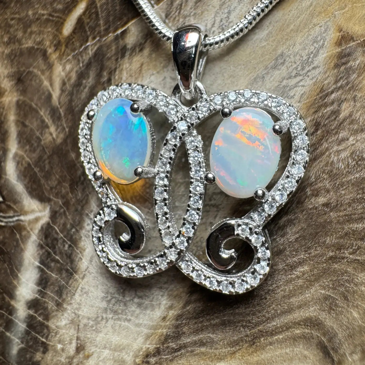 Silver opal pendant from The Coober Ridge Butterfly handcrafted sterling silver necklace