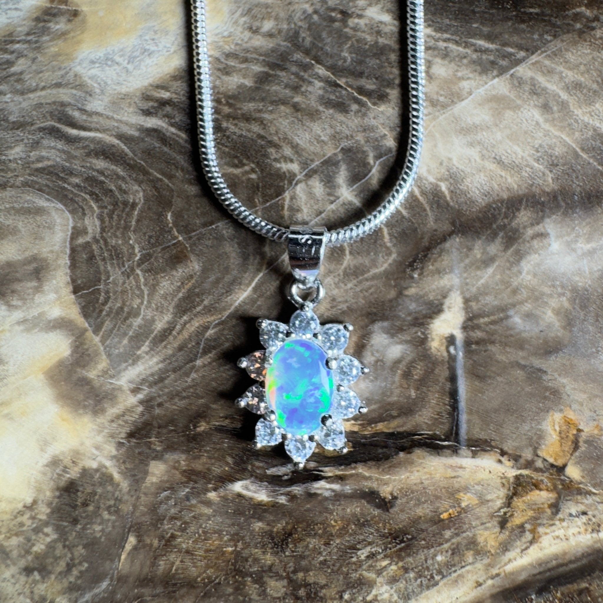 The Grampians Halo ~ 0.7ct Lightning Ridge Opal 925 Silver Pendant