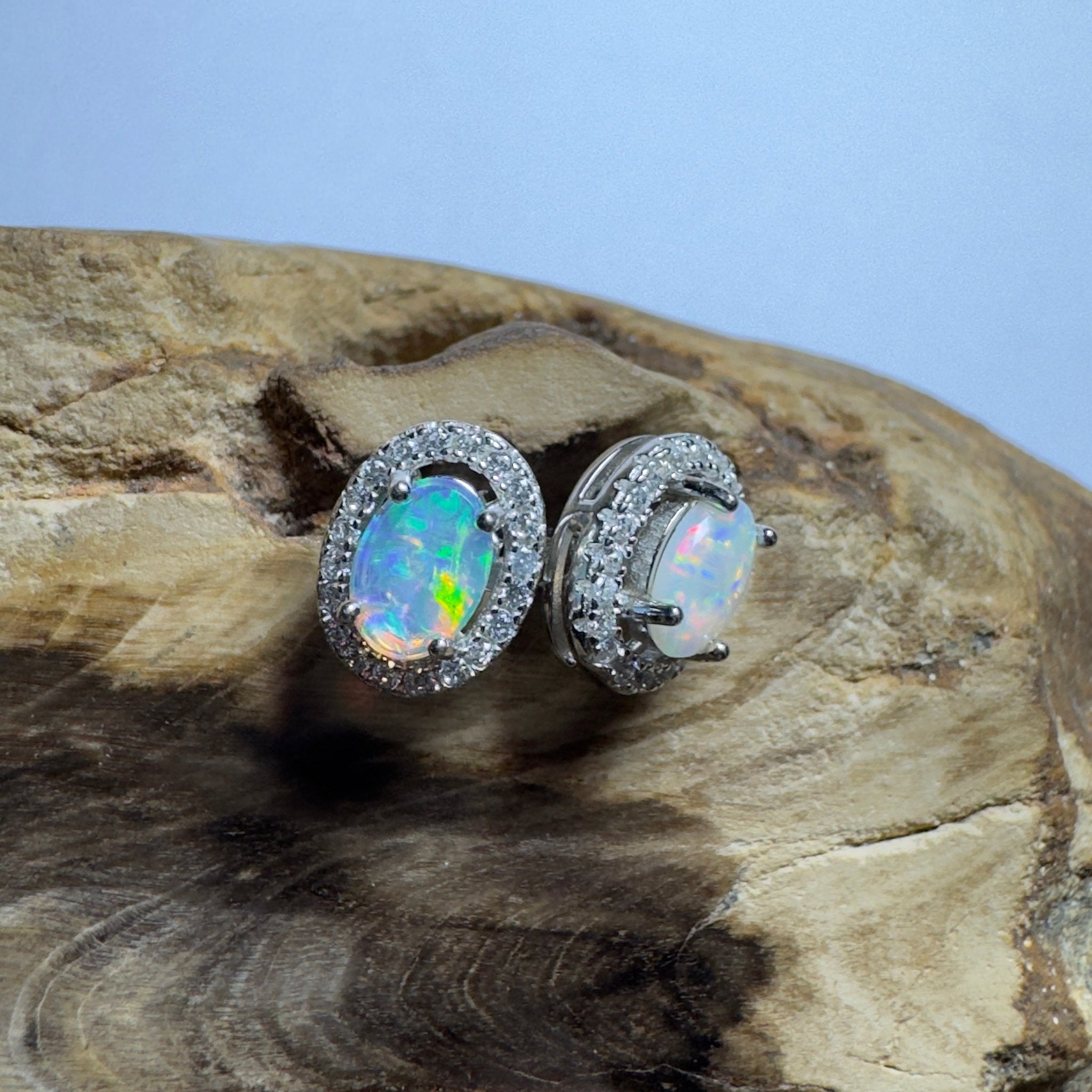 The Horizontal Falls Halo ~ 0.7ct Coober Pedy Opal Sterling Silver Earrings