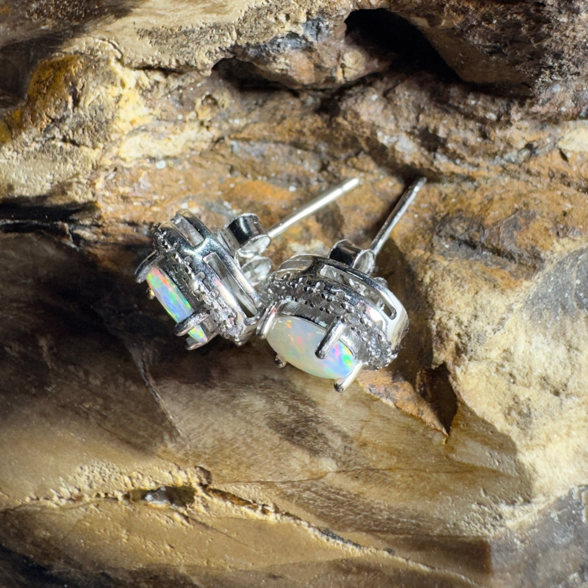 The Horizontal Falls Halo ~ 0.7ct Coober Pedy Opal Sterling Silver Earrings