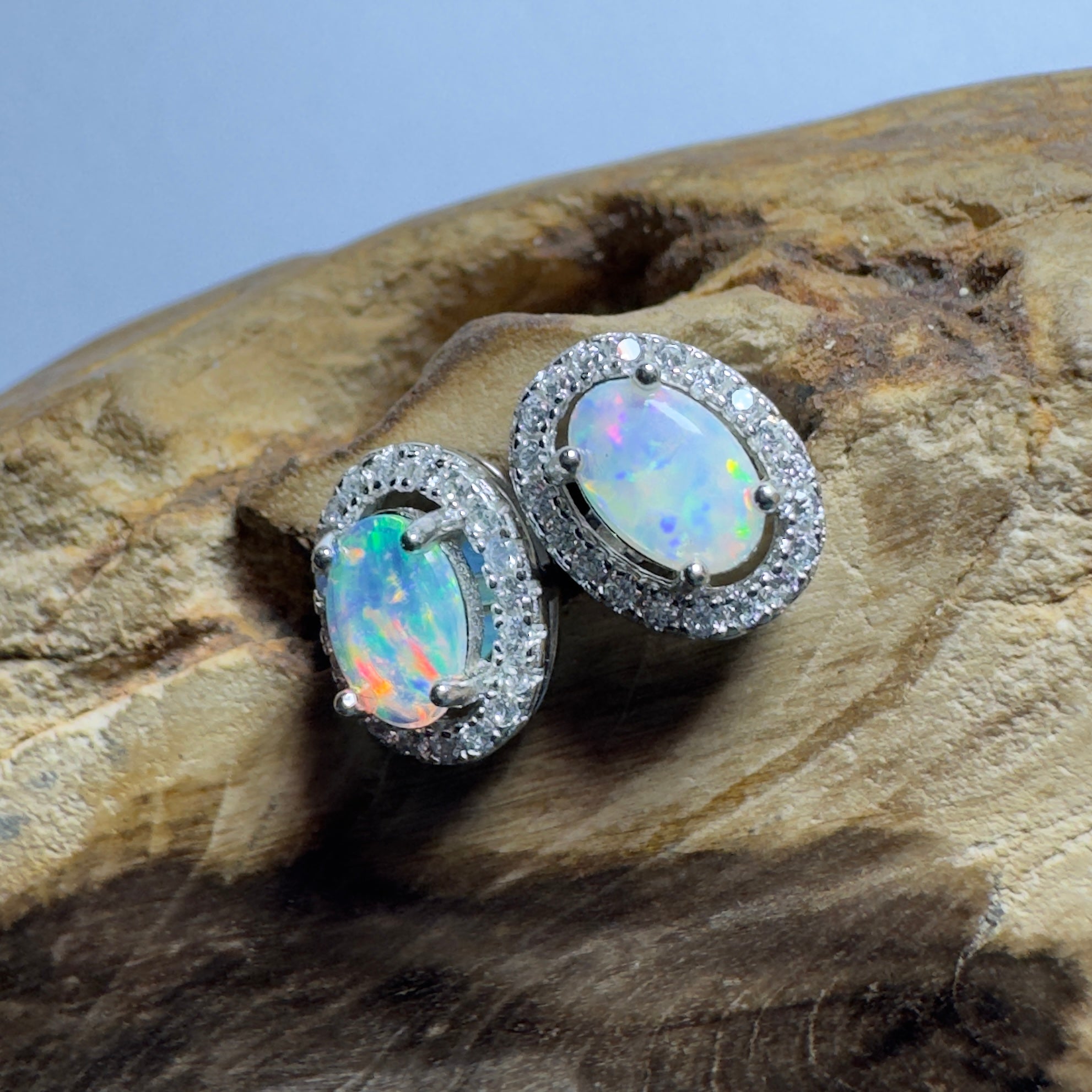 The Horizontal Falls Halo ~ 0.7ct Coober Pedy Opal Sterling Silver Earrings