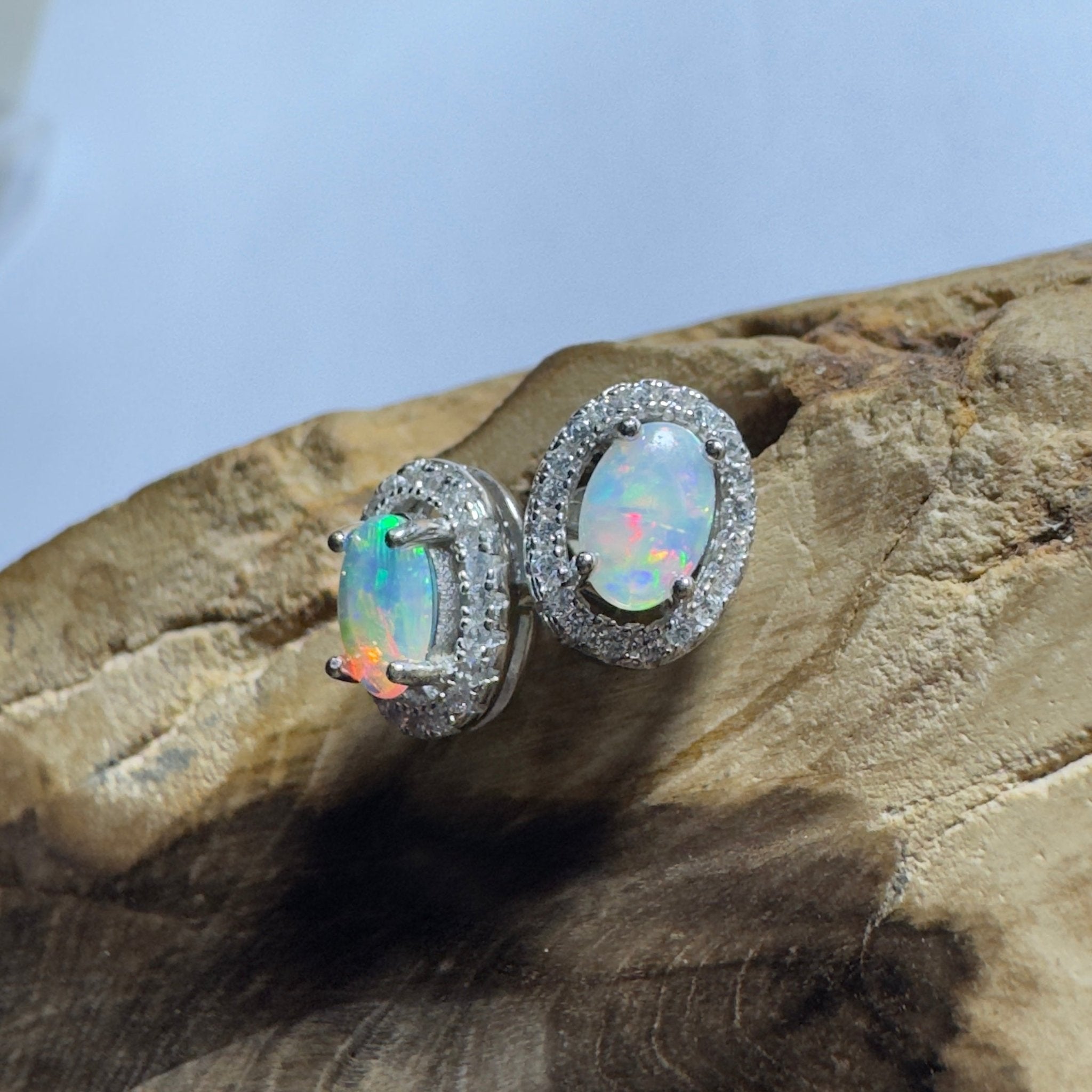 The Horizontal Falls Halo ~ 0.7ct Coober Pedy Opal Sterling Silver Earrings