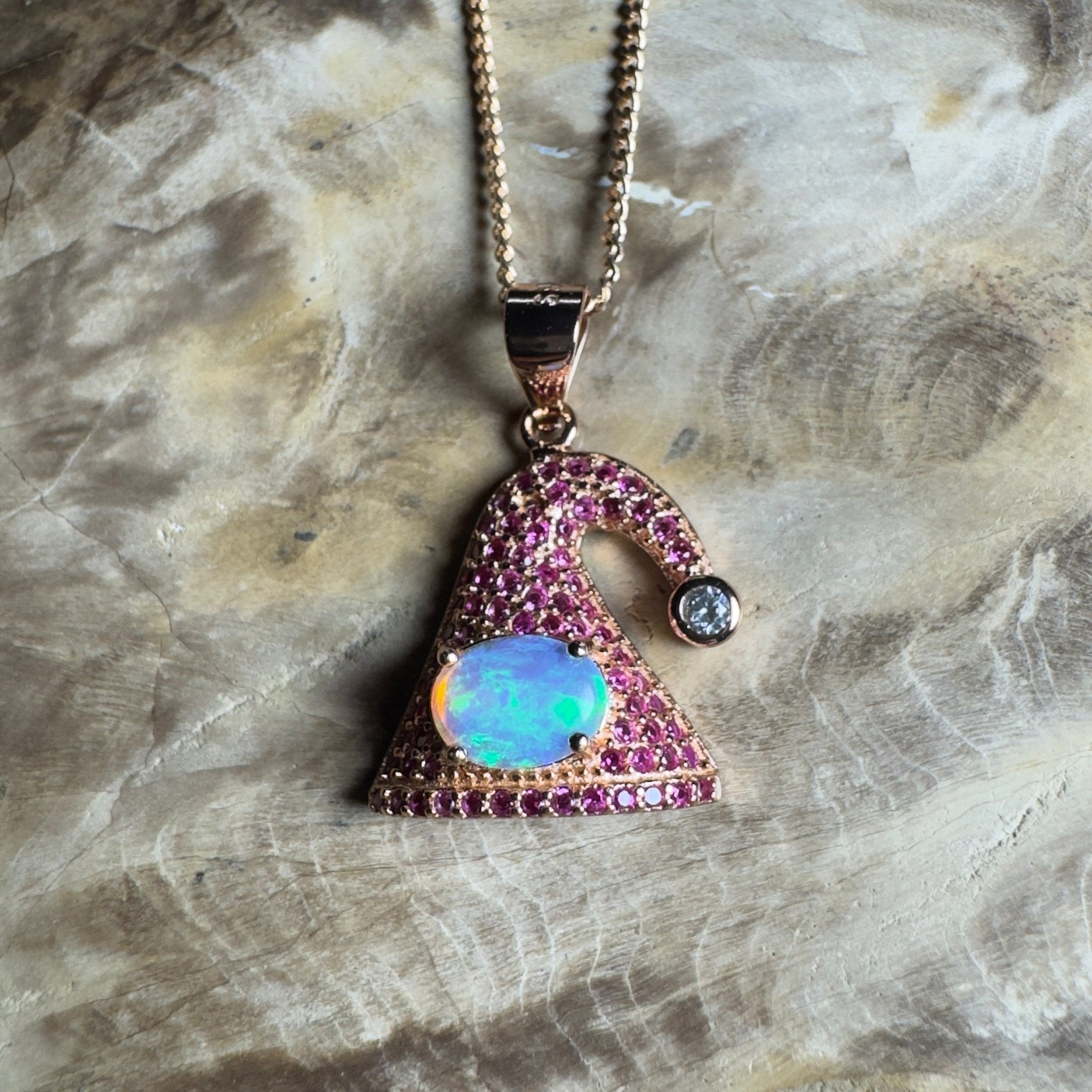 The Hyams Hat ~ 0.7ct Lightning Ridge Opal 925 Silver Rose Gold Coated Pendant