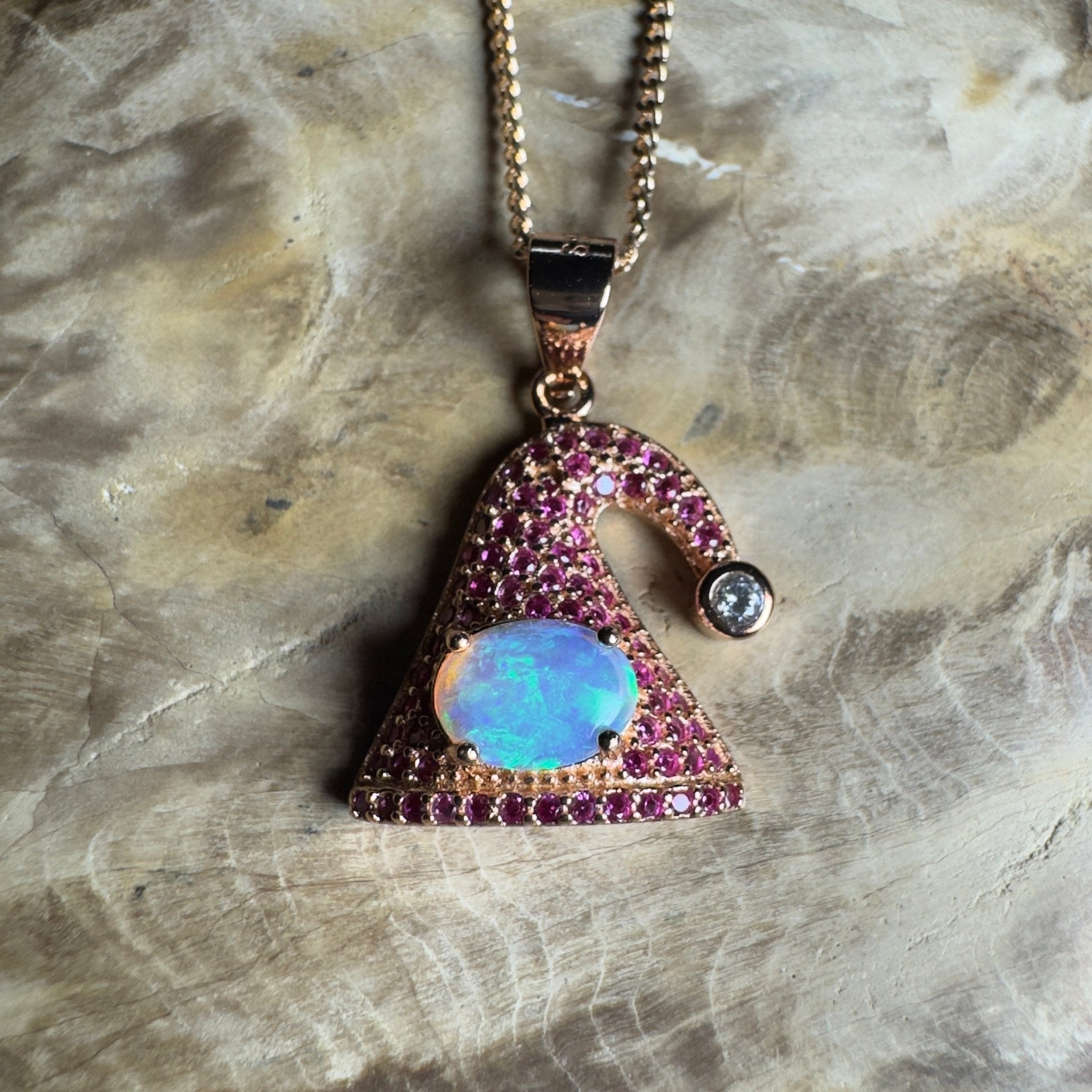 The Hyams Hat ~ 0.7ct Lightning Ridge Opal 925 Silver Rose Gold Coated Pendant
