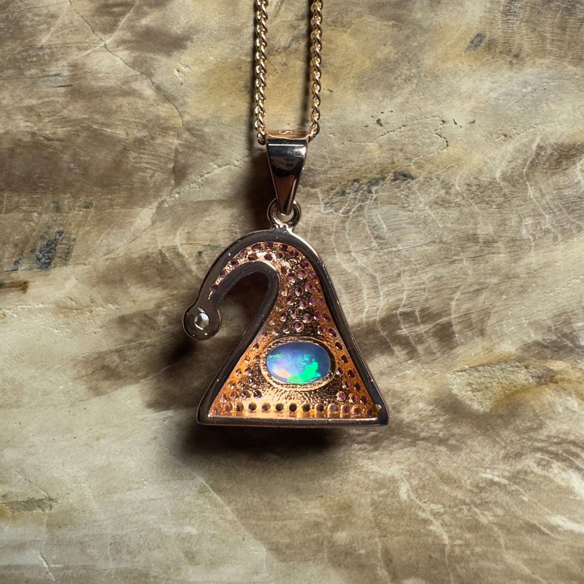 The Hyams Hat ~ 0.7ct Lightning Ridge Opal 925 Silver Rose Gold Coated Pendant