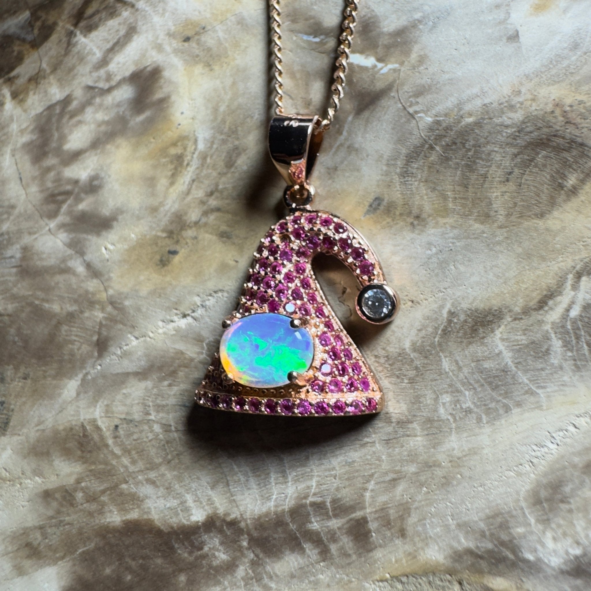 The Hyams Hat ~ 0.7ct Lightning Ridge Opal 925 Silver Rose Gold Coated Pendant
