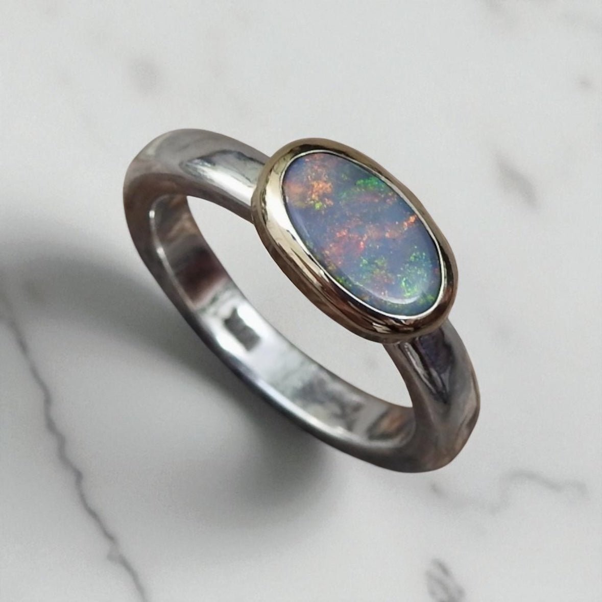 The Outback Blaze ~ 0.7ct Solid Lightning Ridge Black Opal Two - Tone 9ct Gold and 925 Silver Ring