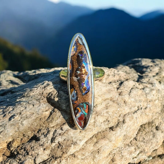 The Outback Heart ~ 14.2ct Solid Queensland Boulder Opal 925 Sterling Silver Ring