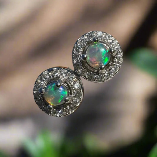 'Tropical Rainforest' ~ Handcrafted 0.6ct Solid Lightning Ridge Opal and Cubic Zirconia Earrings