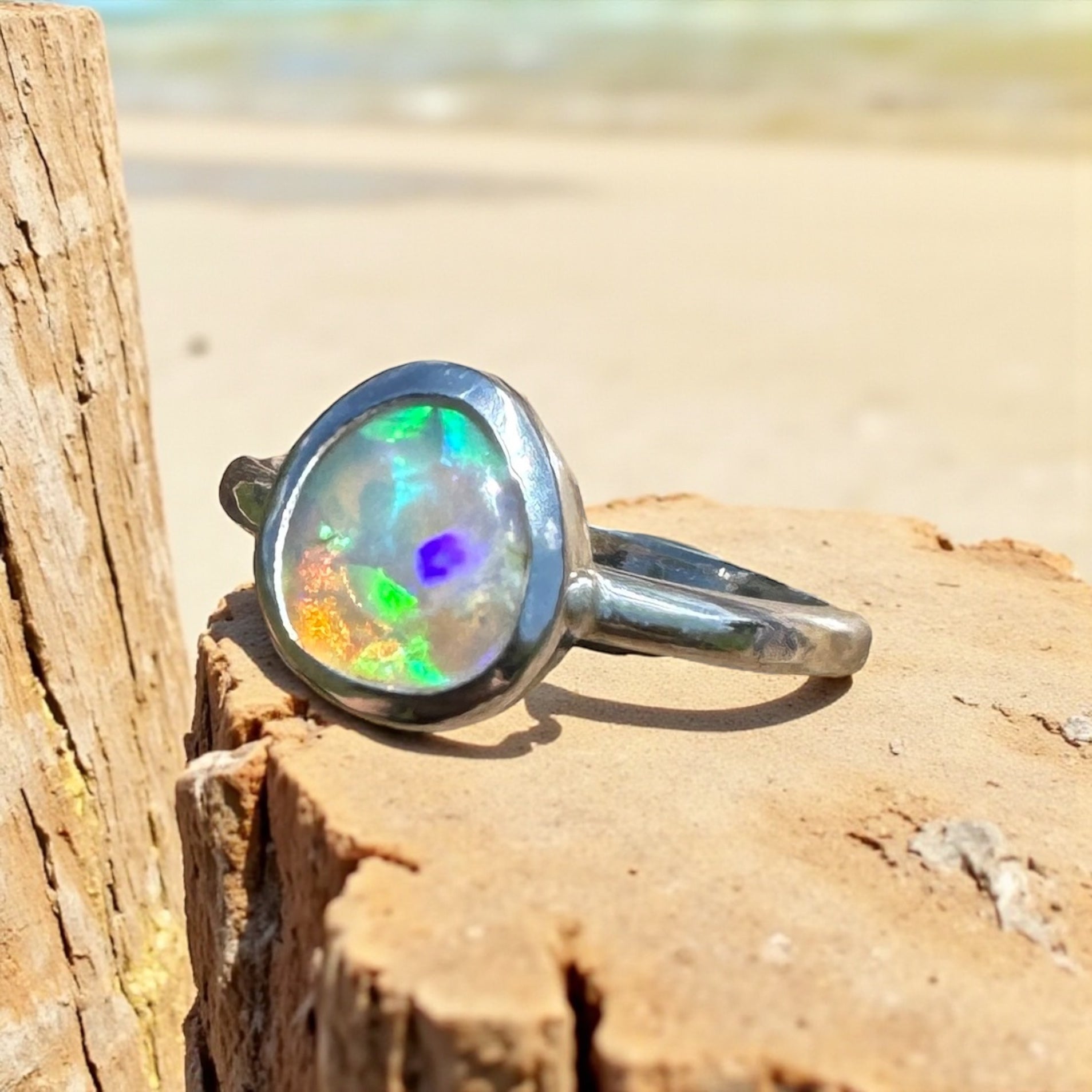Turquoise Bay Drift - 0.8ct Solid Lightning Ridge Crystal Opal Sterling Silver Ring