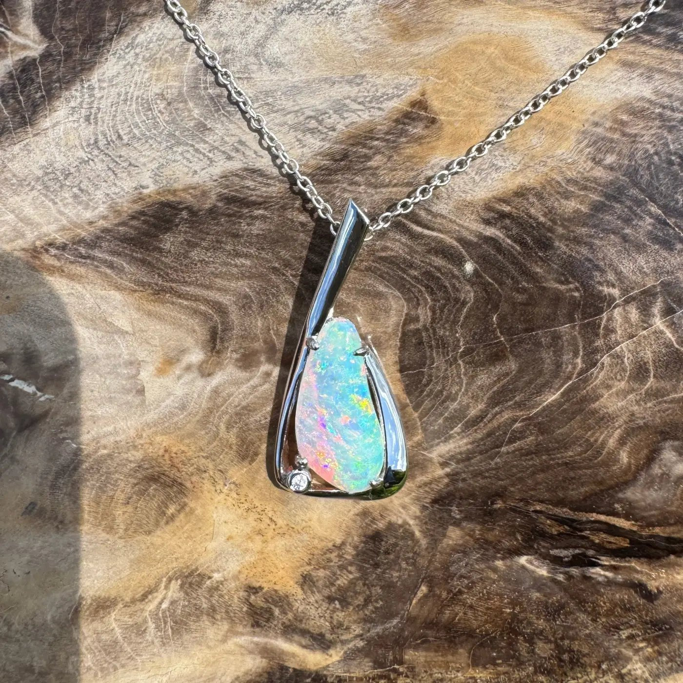 ‘Uluru Sunsets' ~ Handcrafted 1.4ct Solid Coober Pedy Opal and Cubic Zirconia 925 Sterling Silver Pendant Necklace