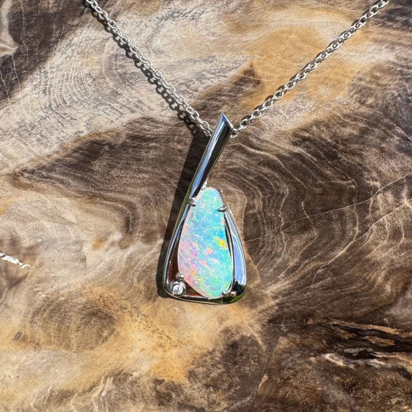 ‘Uluru Sunsets' ~ Handcrafted 1.4ct Solid Coober Pedy Opal and Cubic Zirconia 925 Sterling Silver Pendant Necklace