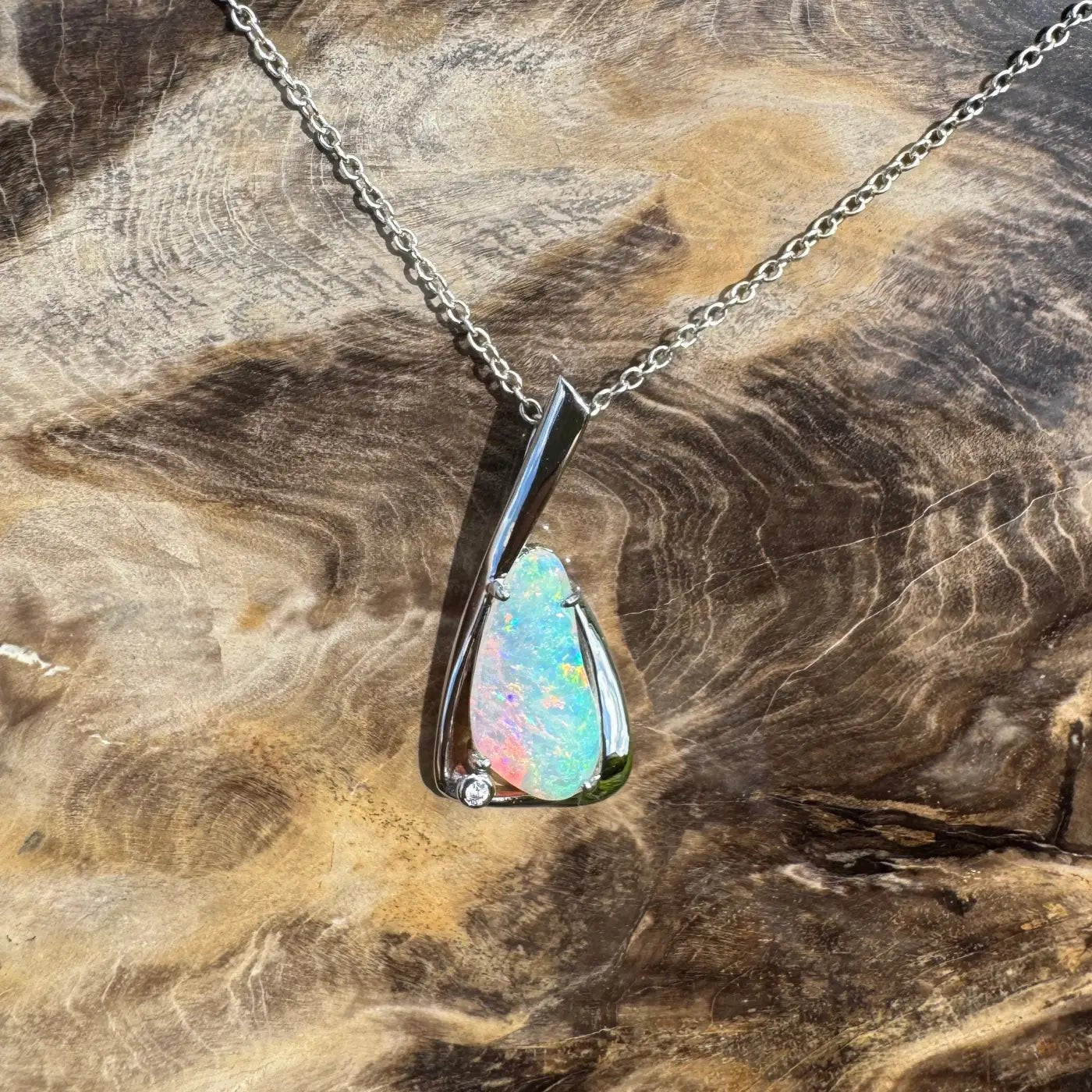 ‘Uluru Sunsets' ~ Handcrafted 1.4ct Solid Coober Pedy Opal and Cubic Zirconia 925 Sterling Silver Pendant Necklace