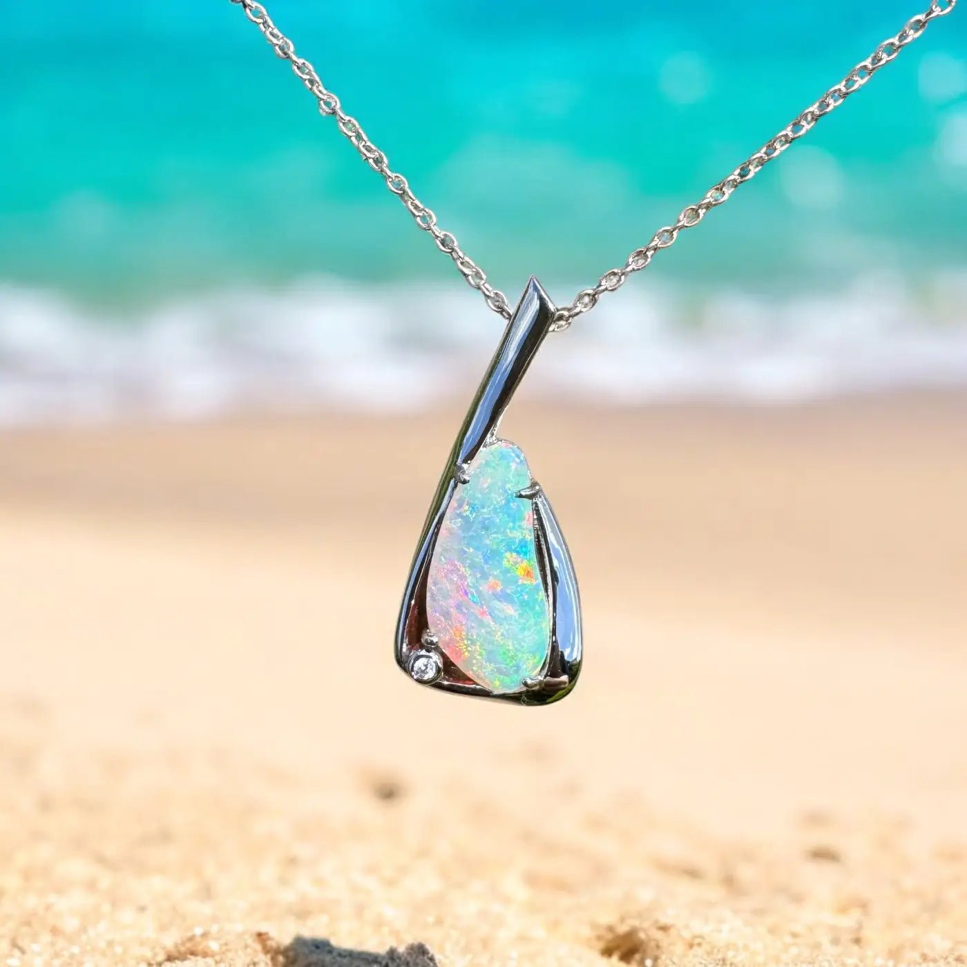 ‘Uluru Sunsets' ~ Handcrafted 1.4ct Solid Coober Pedy Opal and Cubic Zirconia 925 Sterling Silver Pendant Necklace