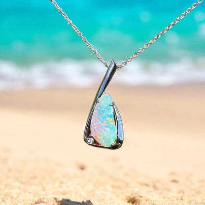 ‘Uluru Sunsets' ~ Handcrafted 1.4ct Solid Coober Pedy Opal and Cubic Zirconia 925 Sterling Silver Pendant Necklace