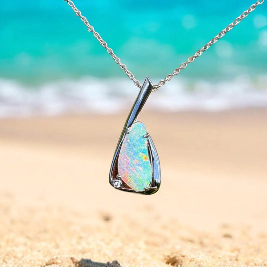 ‘Uluru Sunsets' ~ Handcrafted 1.4ct Solid Coober Pedy Opal and Cubic Zirconia 925 Sterling Silver Pendant Necklace