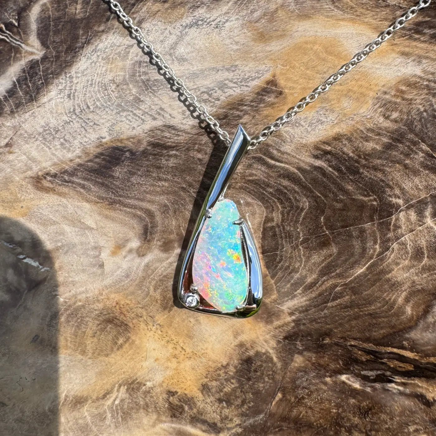 ‘Uluru Sunsets' ~ Handcrafted 1.4ct Solid Coober Pedy Opal and Cubic Zirconia 925 Sterling Silver Pendant Necklace