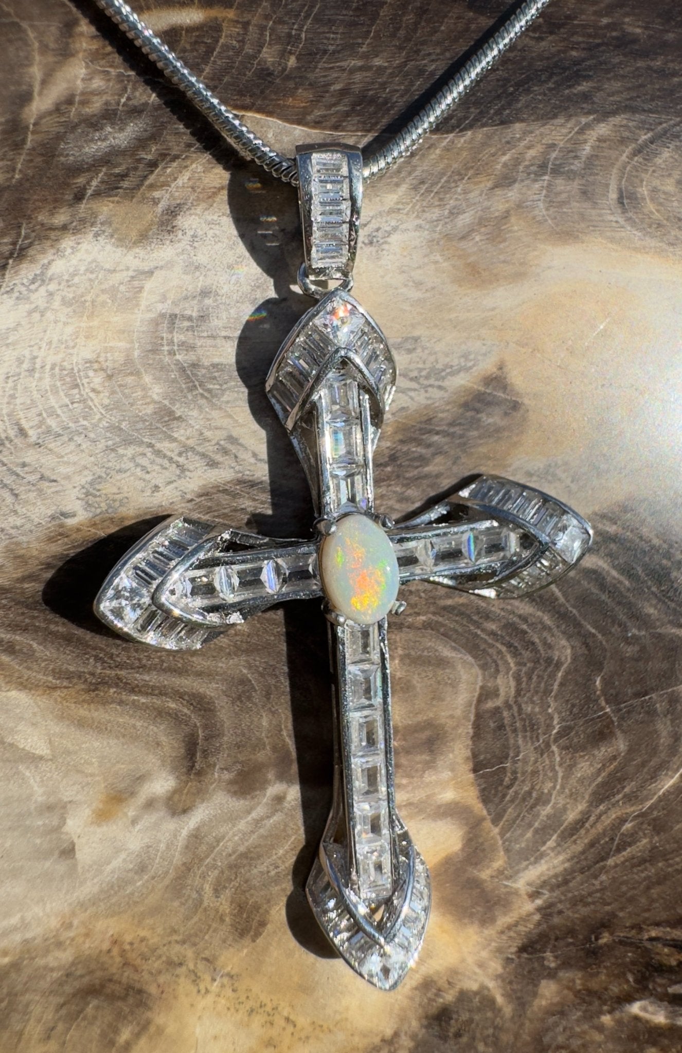 Warrumbungle Grace ~ Handcrafted 0.6ct Solid Lightning Ridge Opal and Cubic Zirconia Sterling Silver Cross Pendant (Copy)