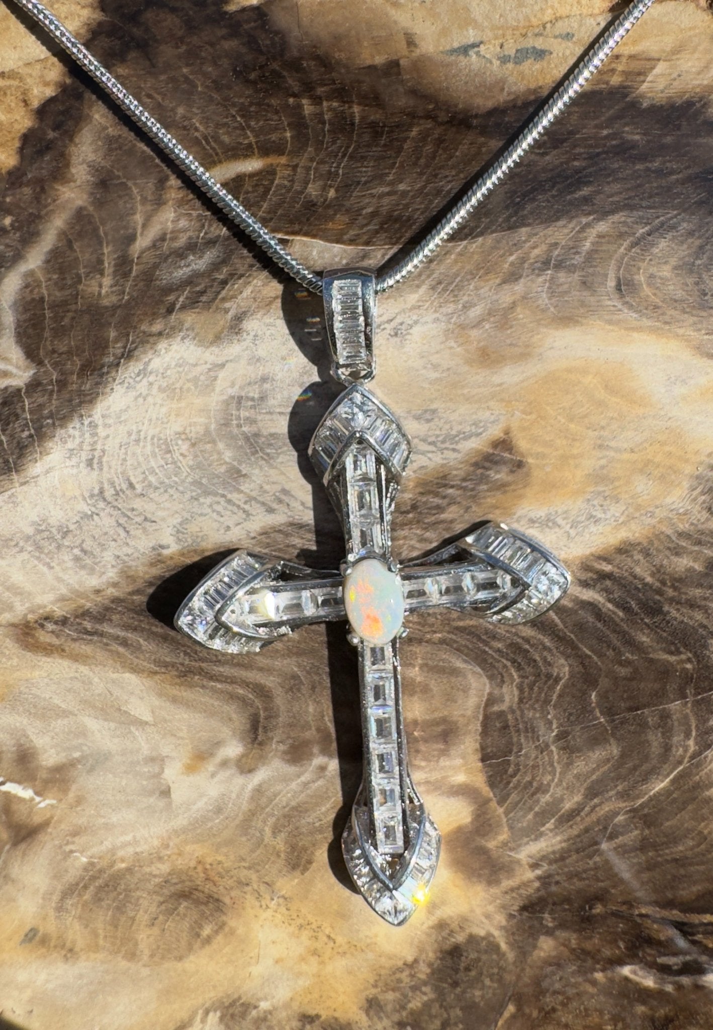 Warrumbungle Grace ~ Handcrafted 0.6ct Solid Lightning Ridge Opal and Cubic Zirconia Sterling Silver Cross Pendant (Copy)