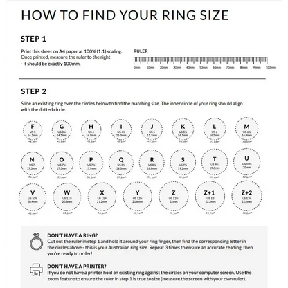 Ring size guide for Wave Rock Grace handcrafted 0.8ct Lightning Ridge Opal silver ring