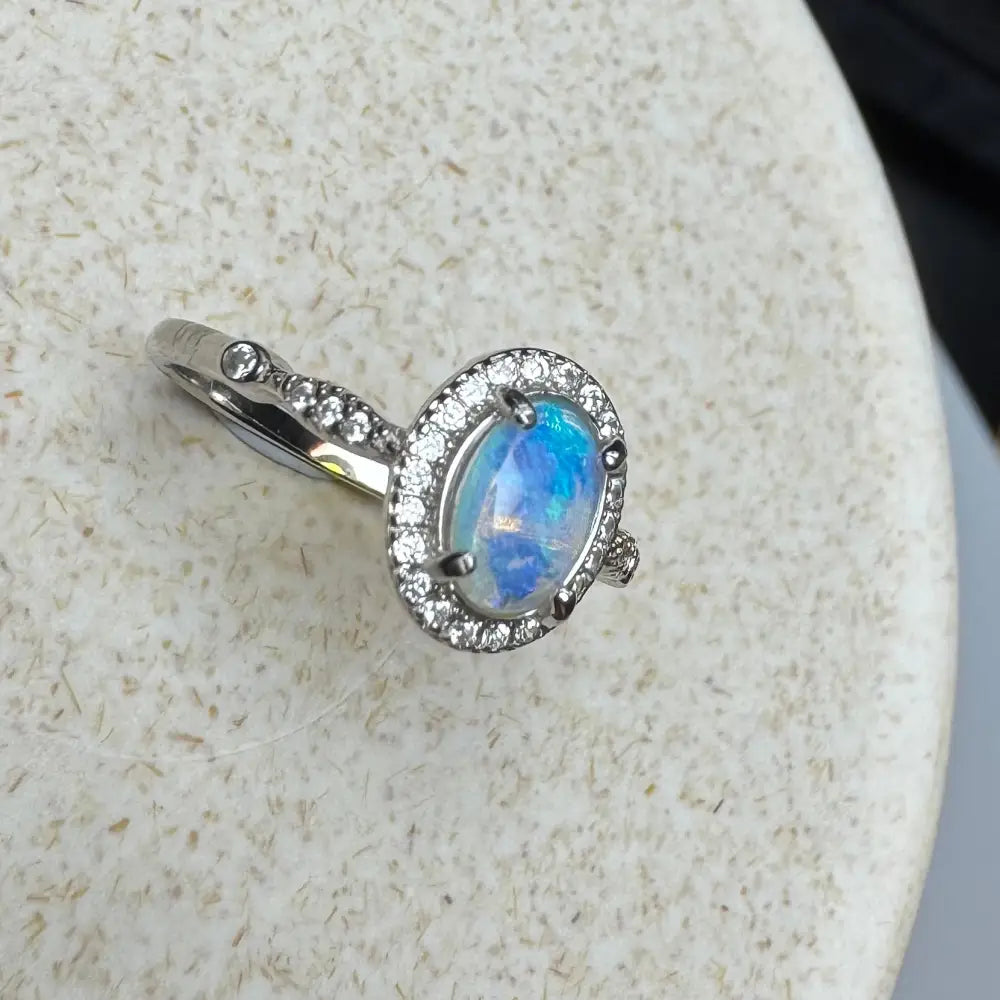 Opal ring with diamond halo from Wave Rock Grace handcrafted 0.8ct Lightning Ridge Opal sterling silver