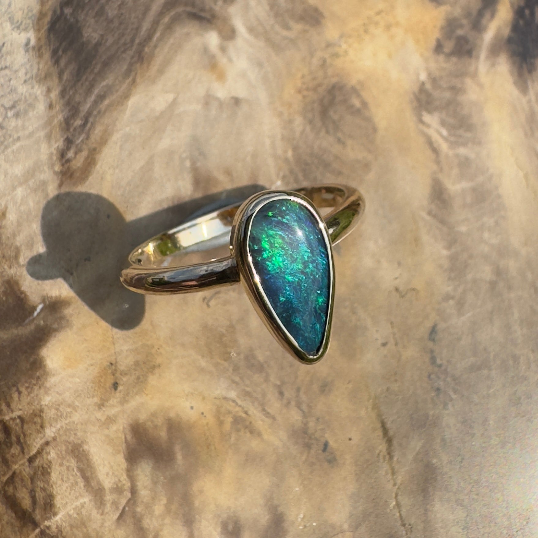 Whale Bay Watching ~ 0.7ct Solid Lightning Ridge Black Opal 9ct Solid Yellow Gold Ring