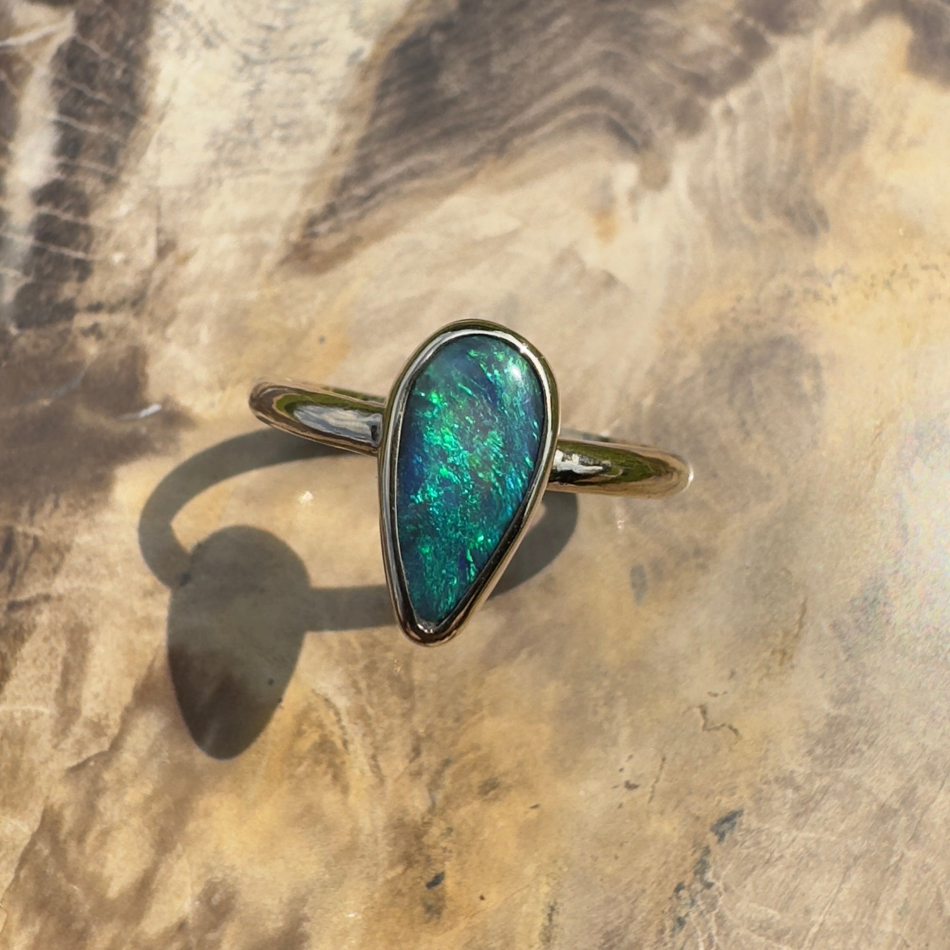 Whale Bay Watching ~ 0.7ct Solid Lightning Ridge Black Opal 9ct Solid Yellow Gold Ring