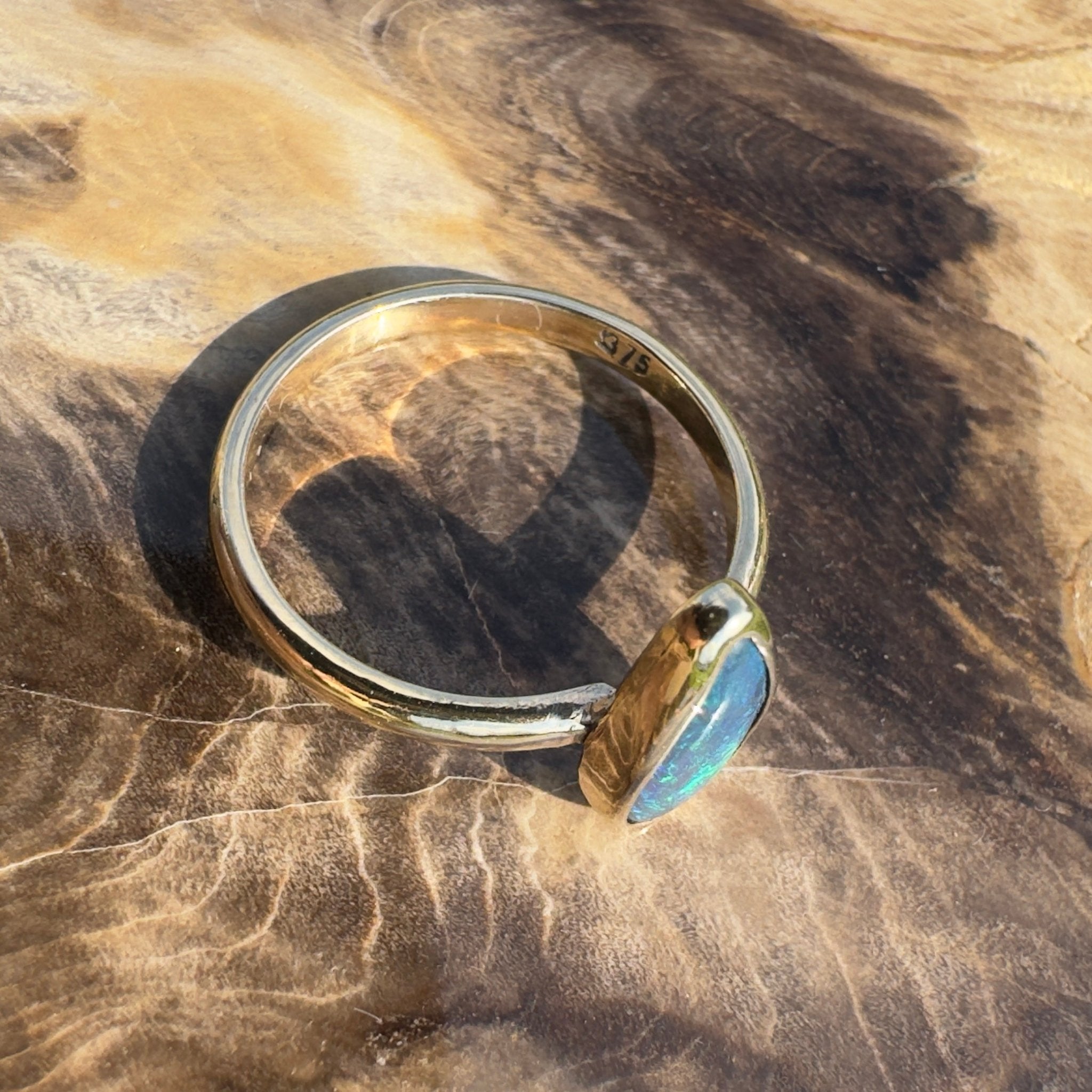 Whale Bay Watching ~ 0.7ct Solid Lightning Ridge Black Opal 9ct Solid Yellow Gold Ring