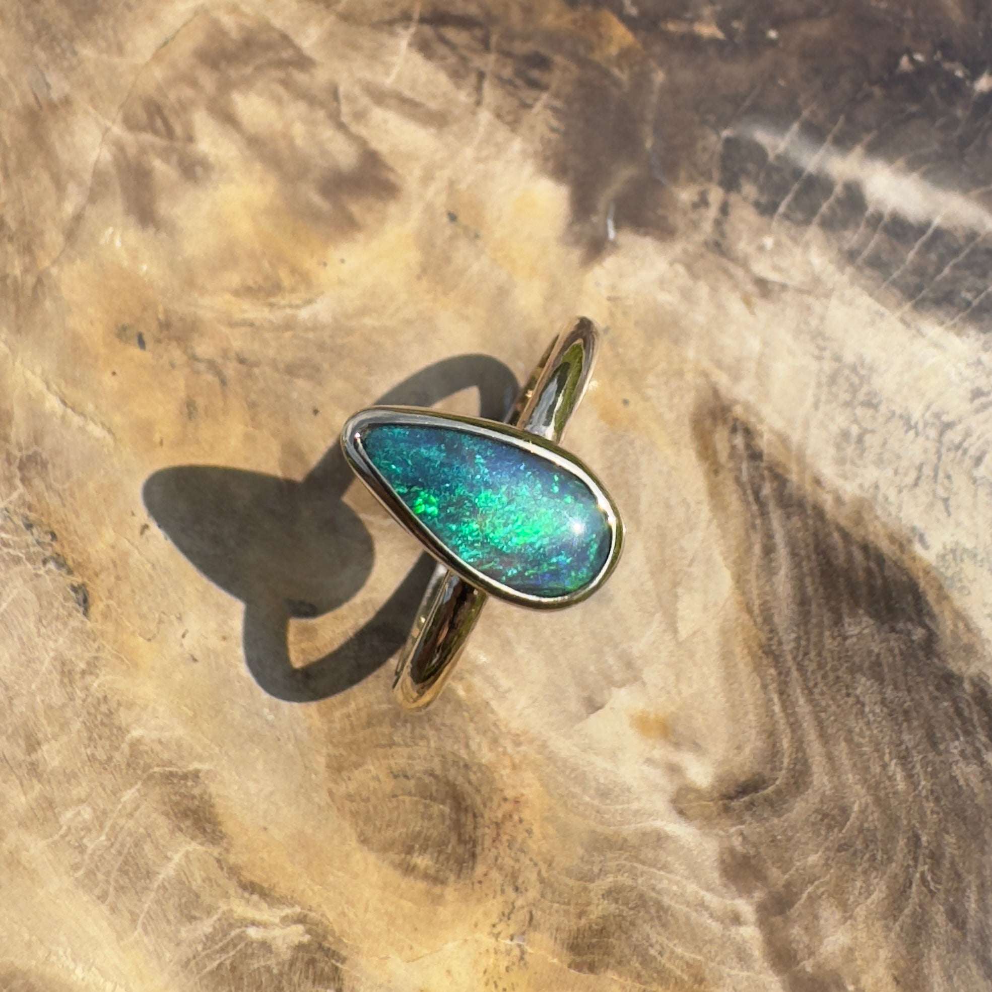 Whale Bay Watching ~ 0.7ct Solid Lightning Ridge Black Opal 9ct Solid Yellow Gold Ring