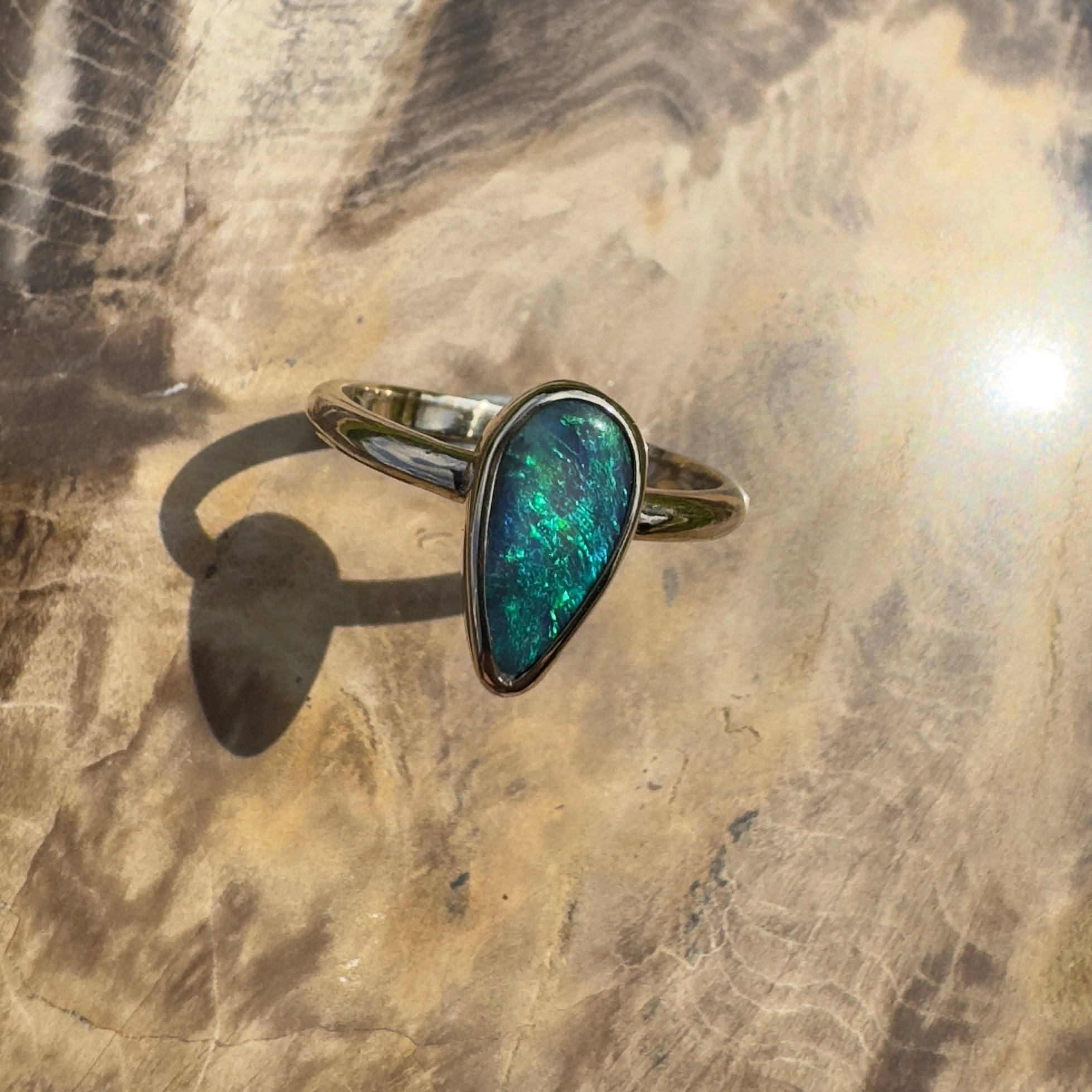 Whale Bay Watching ~ 0.7ct Solid Lightning Ridge Black Opal 9ct Solid Yellow Gold Ring