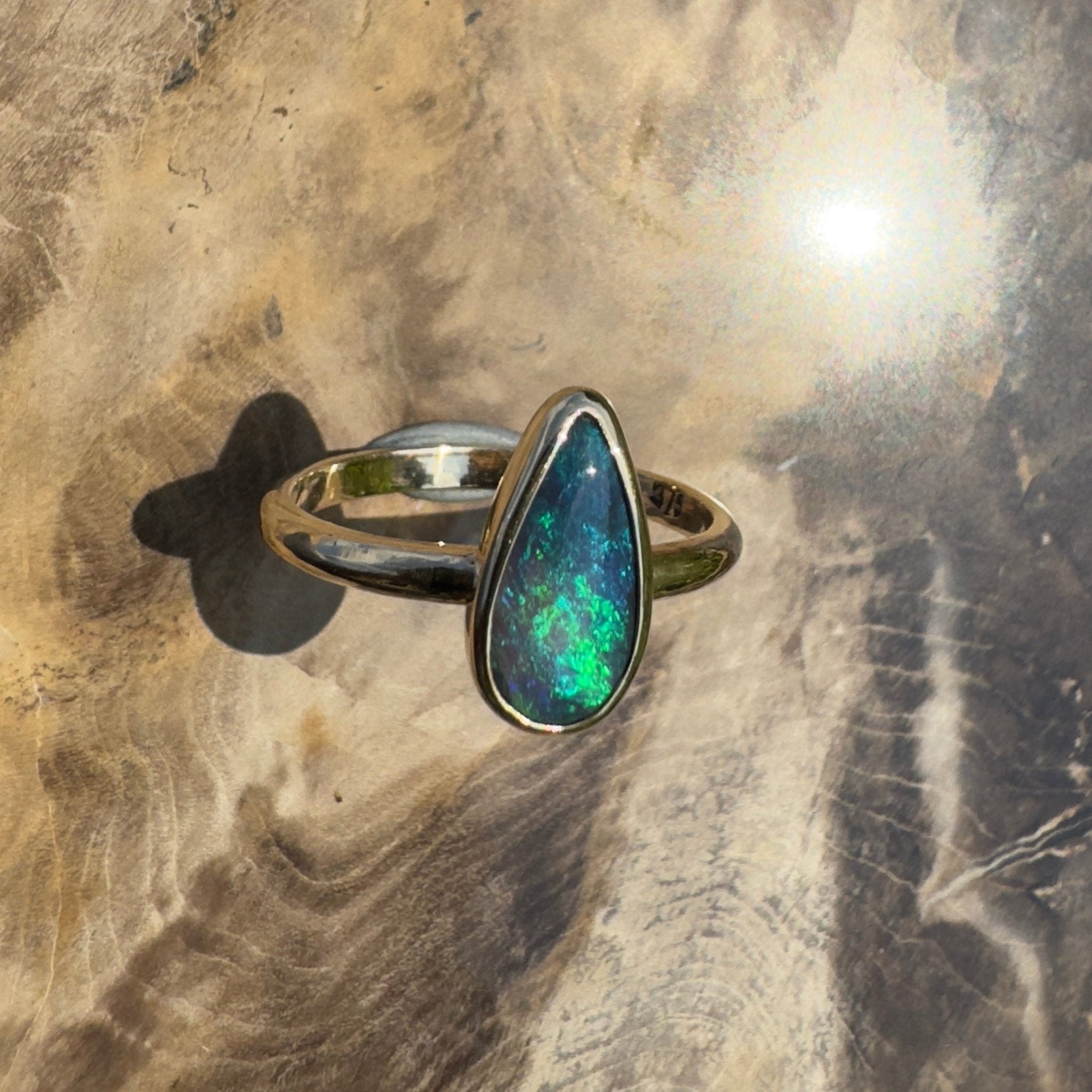 Whale Bay Watching ~ 0.7ct Solid Lightning Ridge Black Opal 9ct Solid Yellow Gold Ring