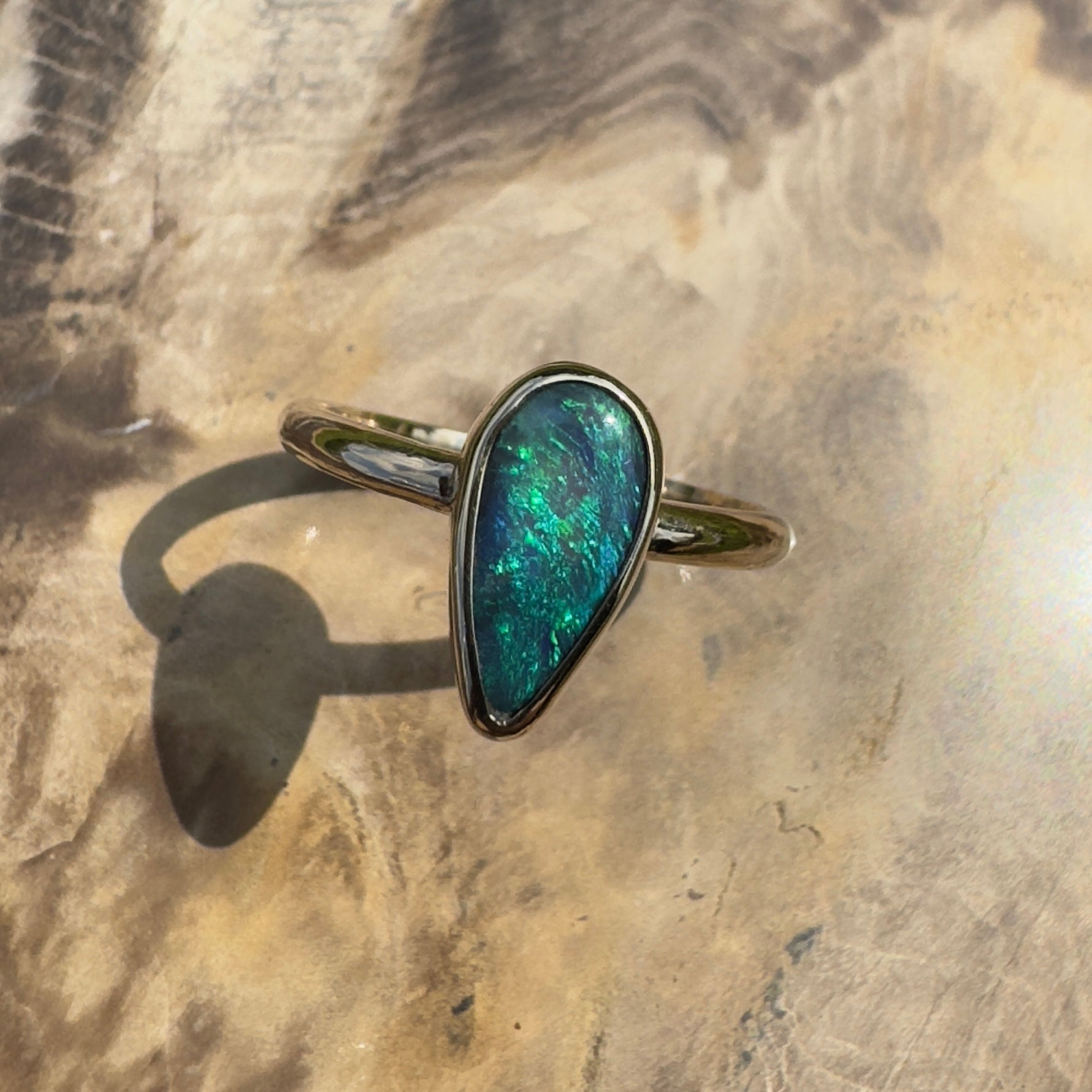 Whale Bay Watching ~ 0.7ct Solid Lightning Ridge Black Opal 9ct Solid Yellow Gold Ring