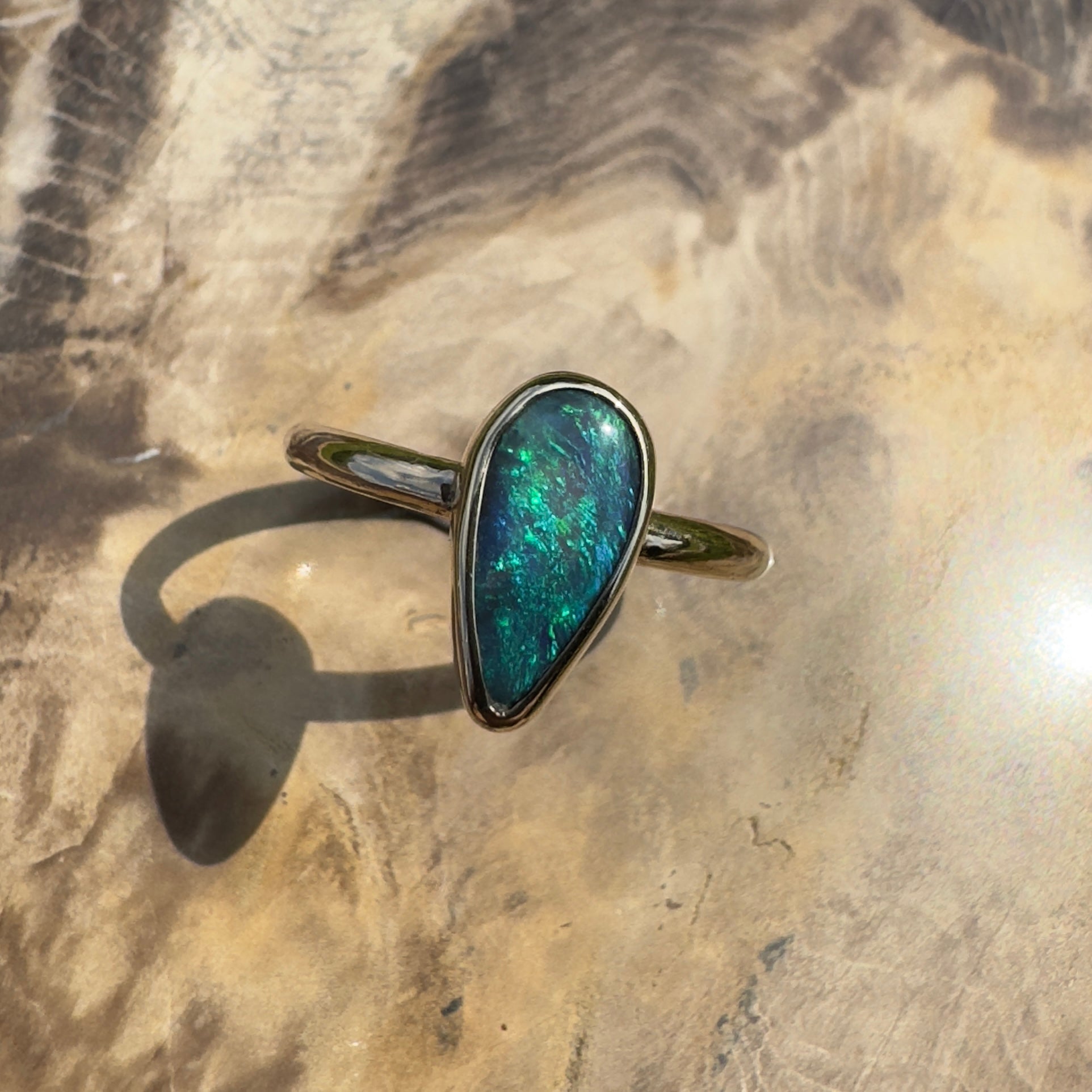 Whale Bay Watching ~ 0.7ct Solid Lightning Ridge Black Opal 9ct Solid Yellow Gold Ring