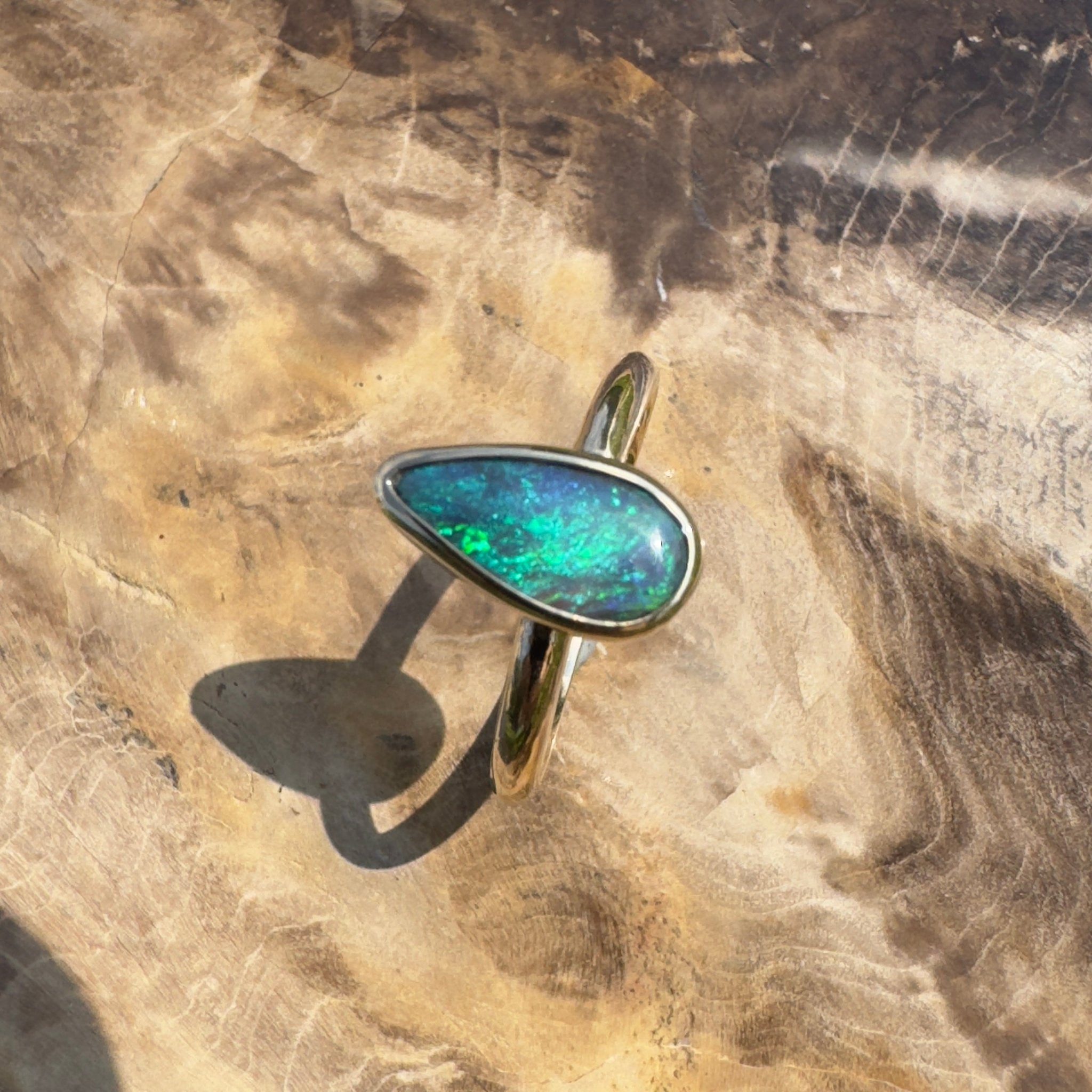 Whale Bay Watching ~ 0.7ct Solid Lightning Ridge Black Opal 9ct Solid Yellow Gold Ring