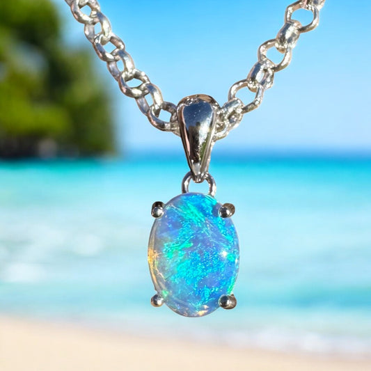 Where Ocean Meets Icon ~ 0.7ct Solid Lightning Ridge Crystal Opal 925 Sterling Silver Pendant Necklace