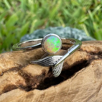 Silver mermaid tail opal ring featuring a 0.3ct Lightning Ridge Solid Opal in sterling silver